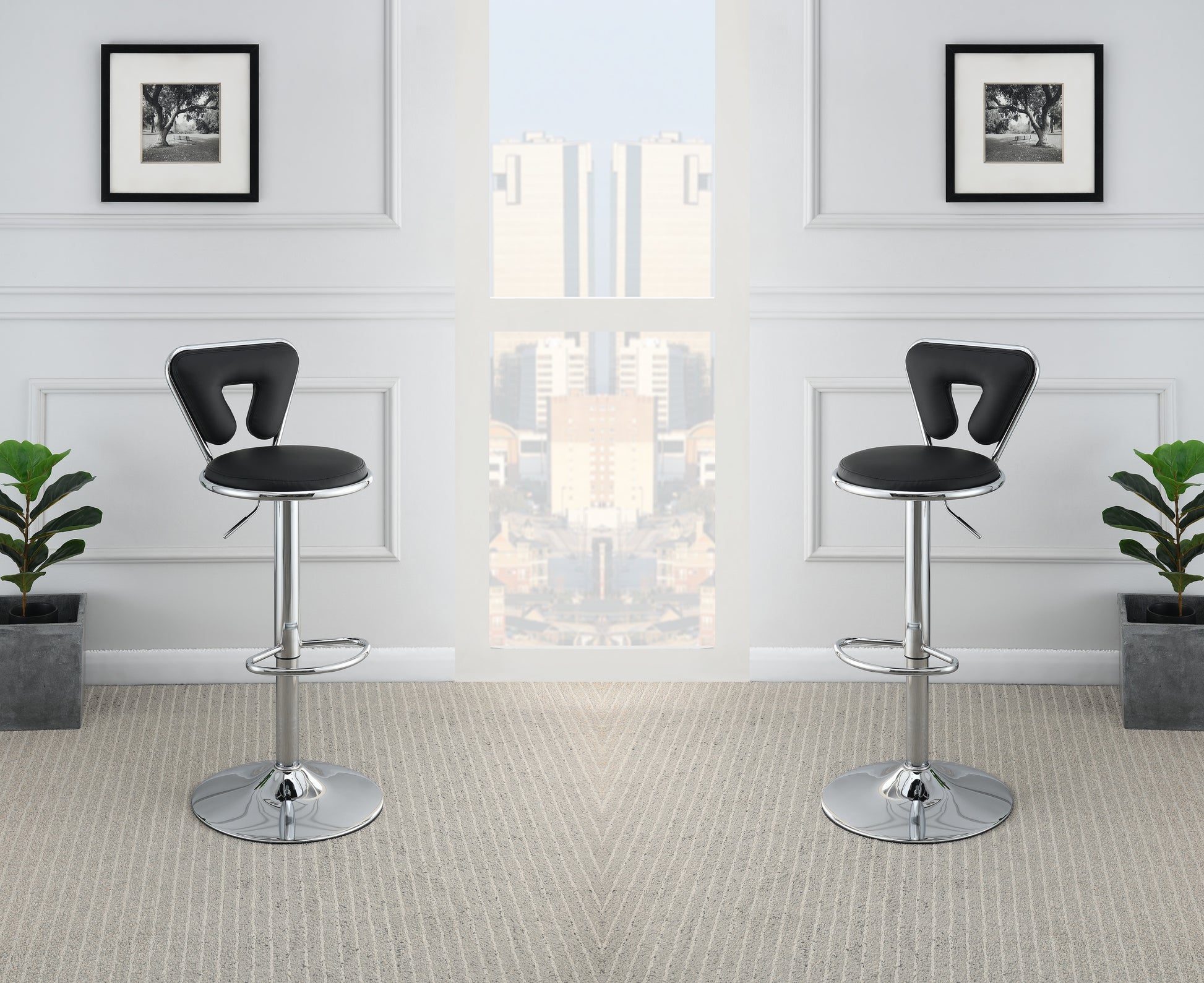 Adjustable Bar Stool Gas Lift Chair Black Faux Leather Chrome Base Metal Frame Modern Stylish Set Of 2 Chairs Black Dining Room Classic,Contemporary,Modern Bar Stools Metal