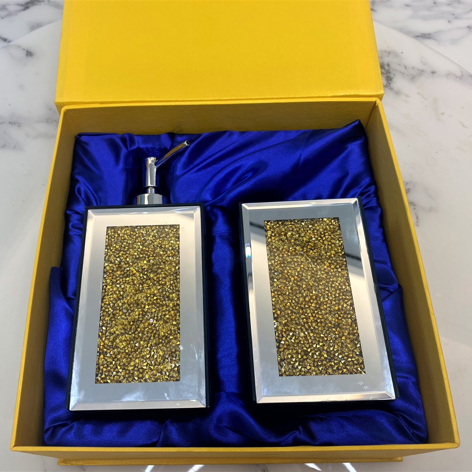 Ambrose Exquisite 2 Piece Square Soap Dispenser And Toothbrush Holder Gold Glass