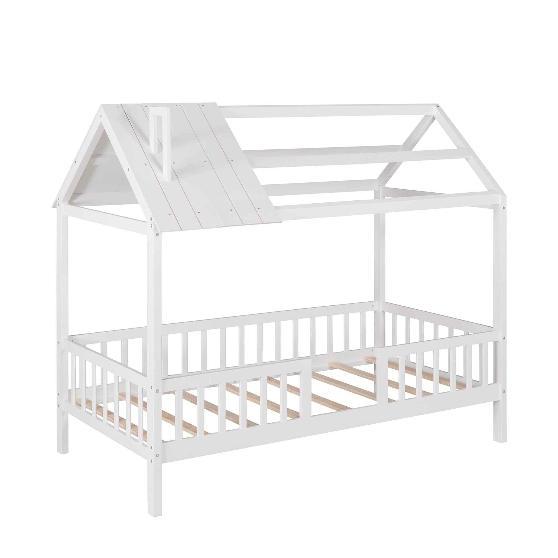 Twin Size Wood House Bed With Fence, White White Solid Wood