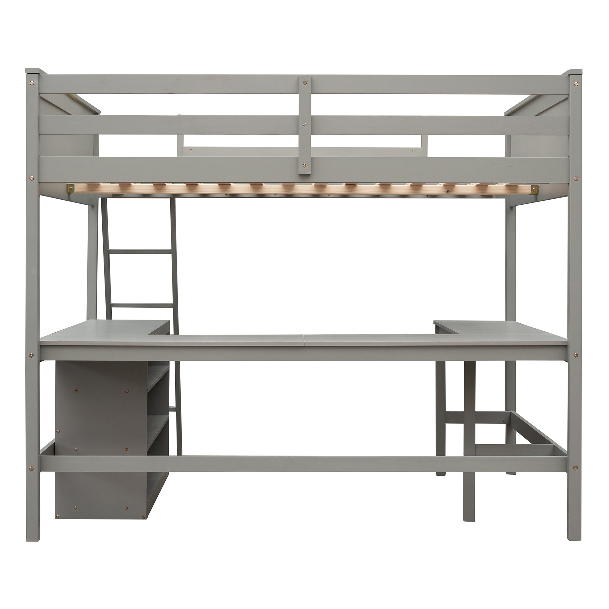 Full Size Loft Bed With Shelves And Desk, Wooden Loft Bed With Desk Gray Gray Solid Wood