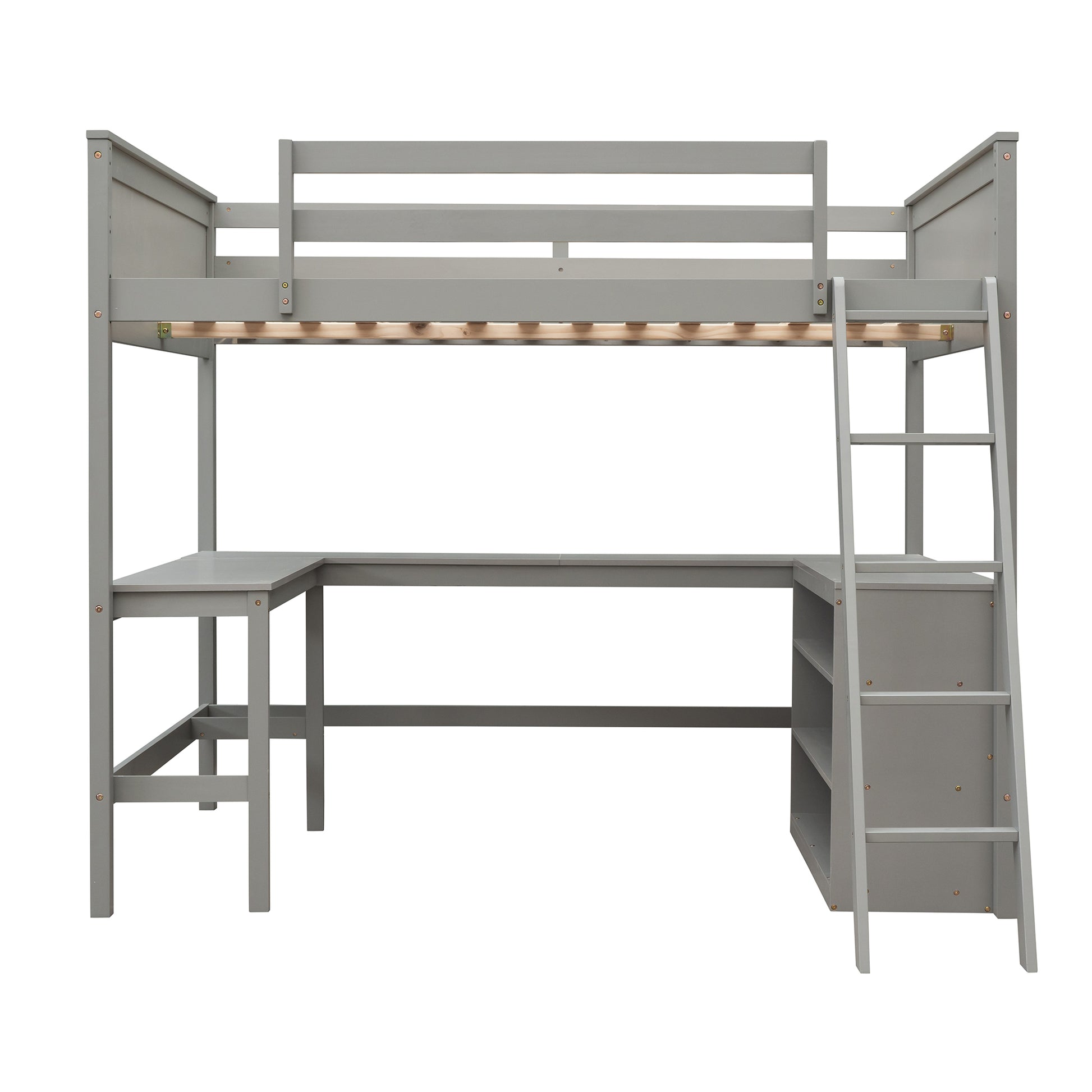 Full Size Loft Bed With Shelves And Desk, Wooden Loft Bed With Desk Gray Gray Solid Wood