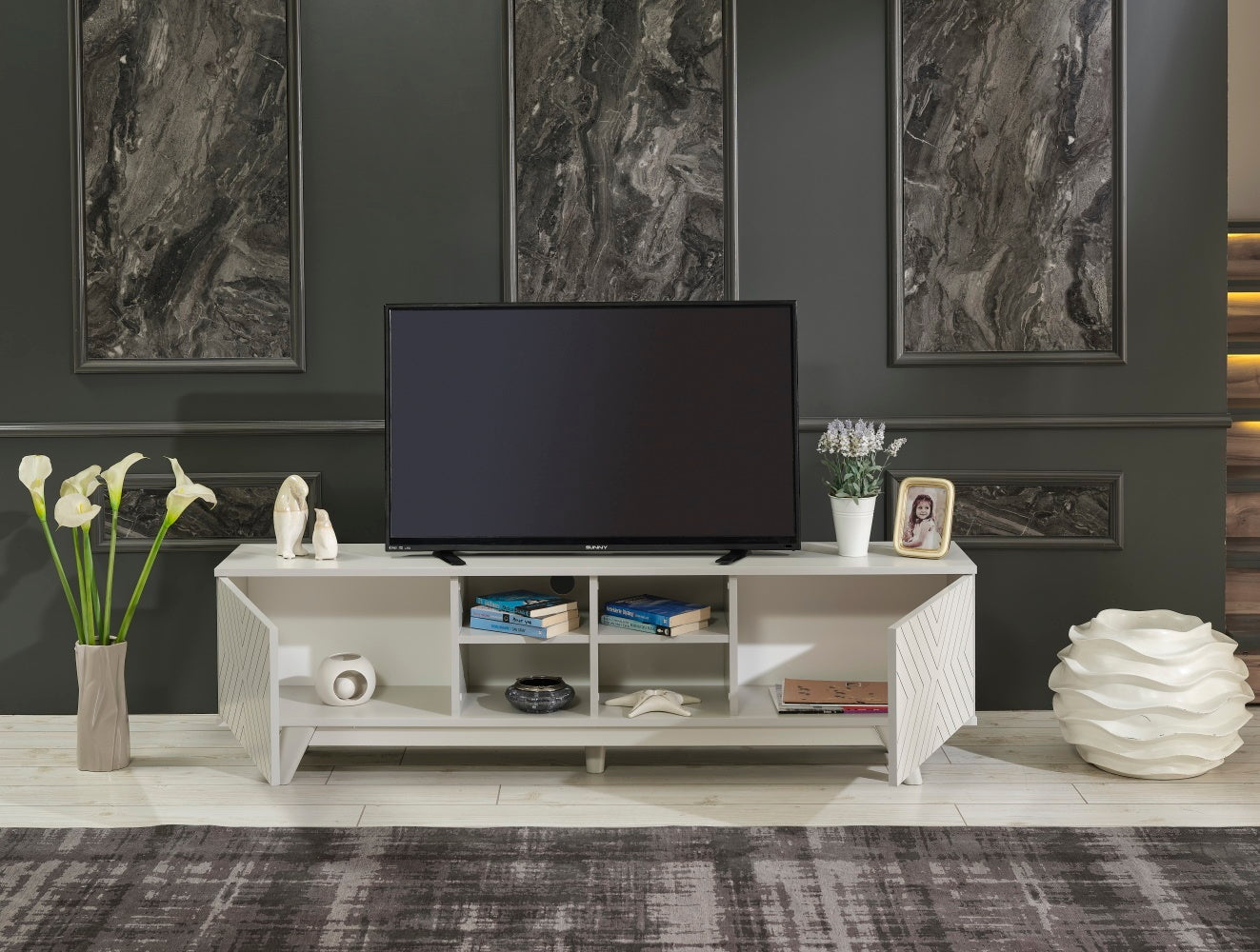 Furnishome Store Lina Mid Century Modern Tv Stand 2 Door Cabinet 4 Cubby Hole Shelves 67 Inch Tv Unit, Grey Grey Solid Wood