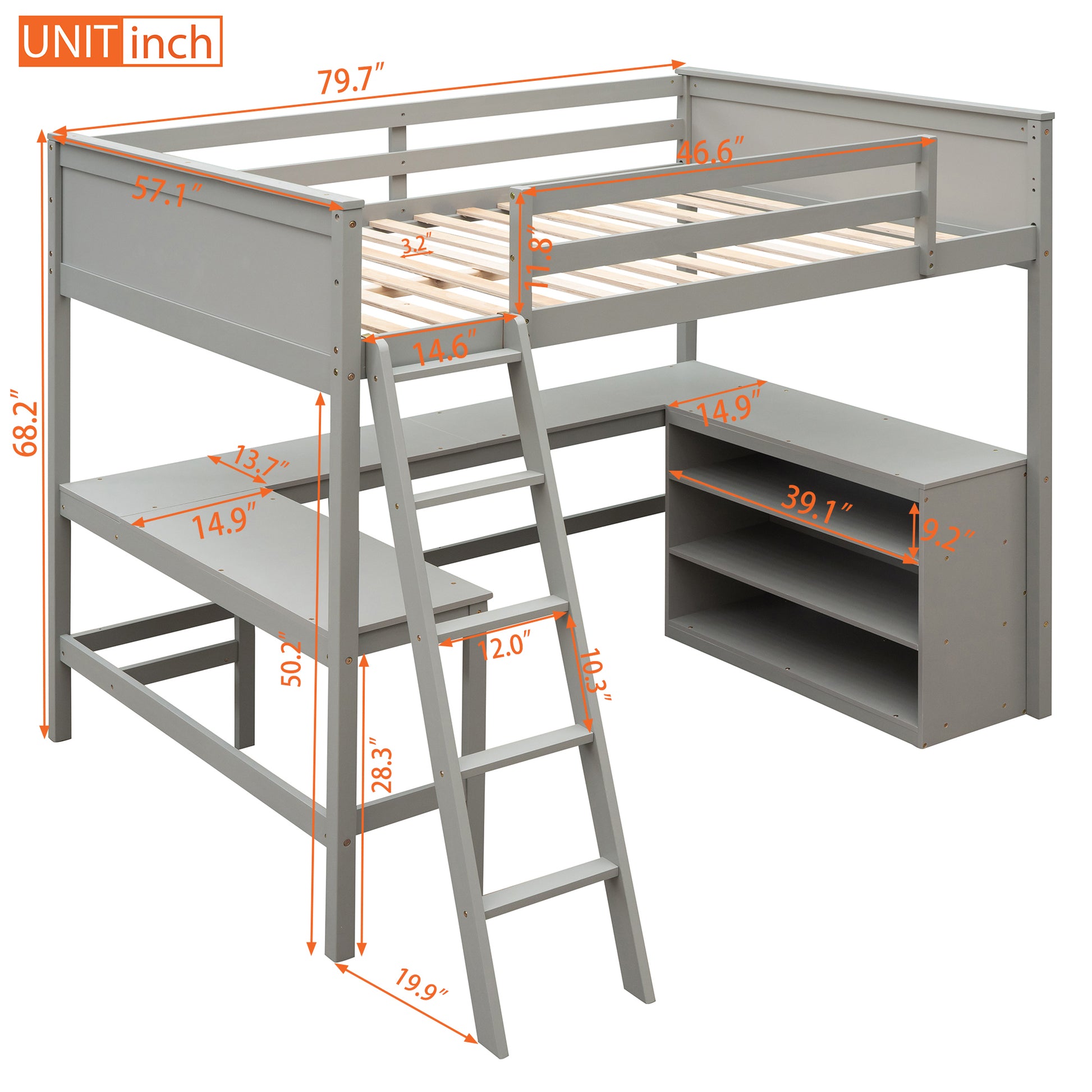 Full Size Loft Bed With Shelves And Desk, Wooden Loft Bed With Desk Gray Gray Solid Wood