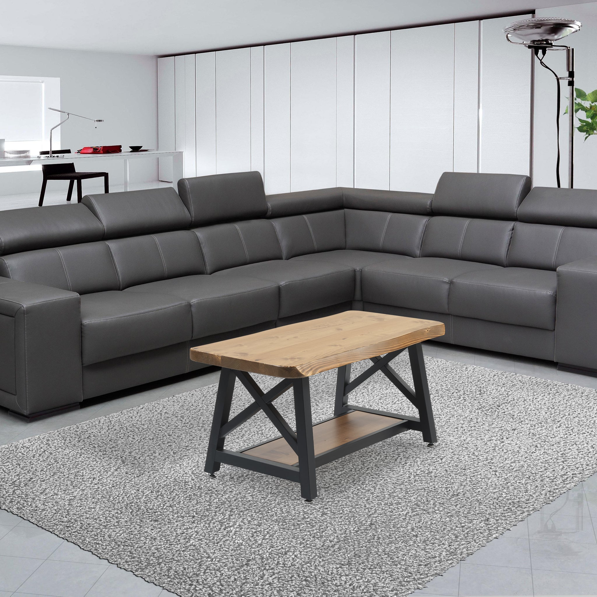 Furnish Home Store Berlin 39'' Solid Wood Rustic Coffee Cocktail Table For Living Rooms With Shelf Walnut Solid Wood