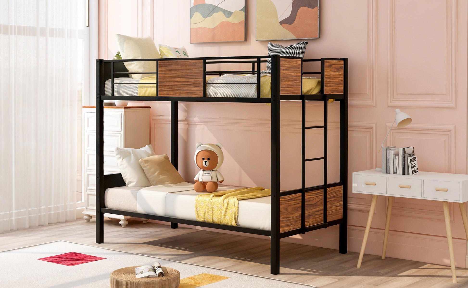 Twin Over Twin Bunk Bed Modern Style Steel Frame Bunk Bed With Safety Rail, Built In Ladder For Bedroom, Dorm, Boys, Girls, Adults Old Sku:Mf190839Aad Twin Brown Metal