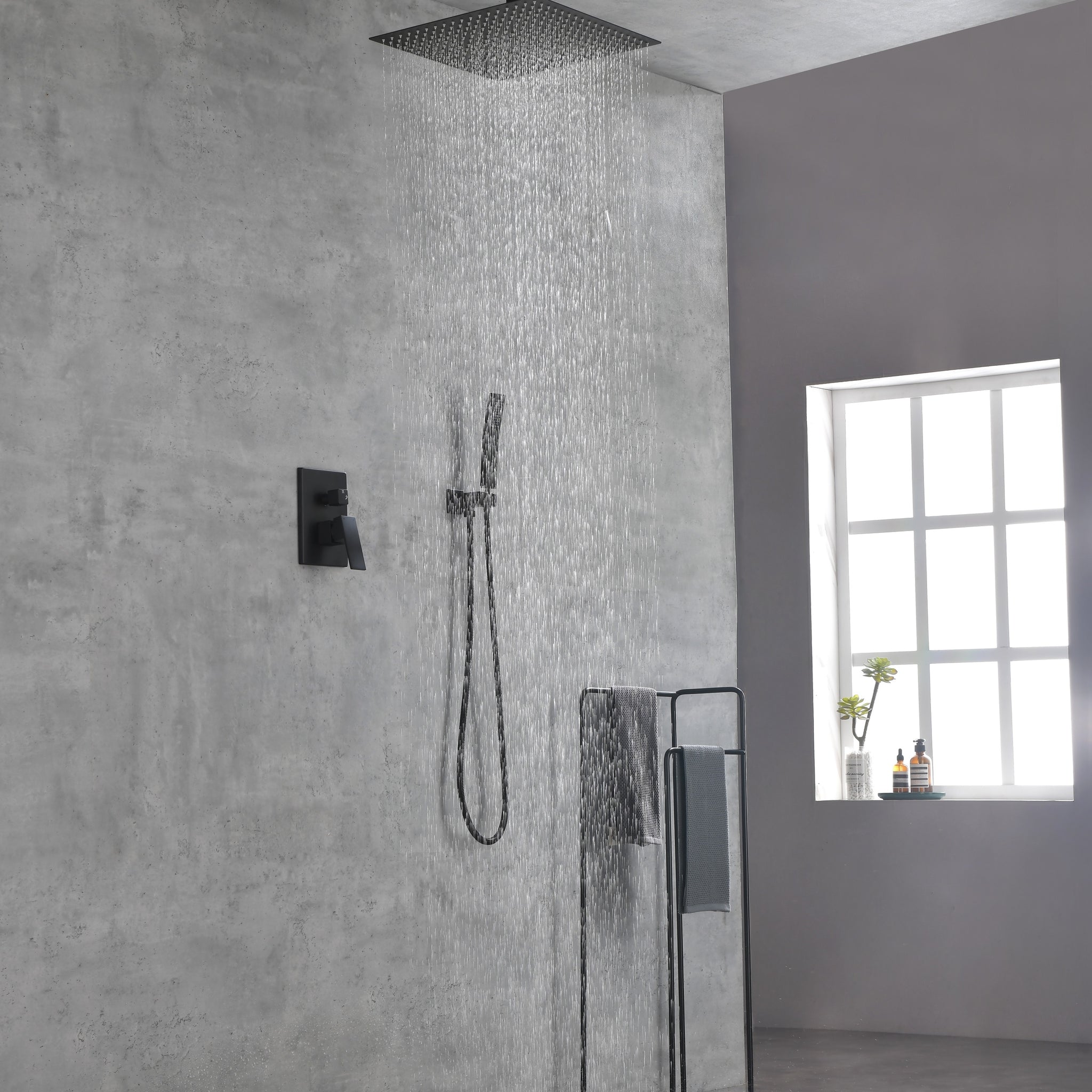 Ceiling Mounted Shower System Combo Set With Handheld And 16"Shower Head Matte Black Brass