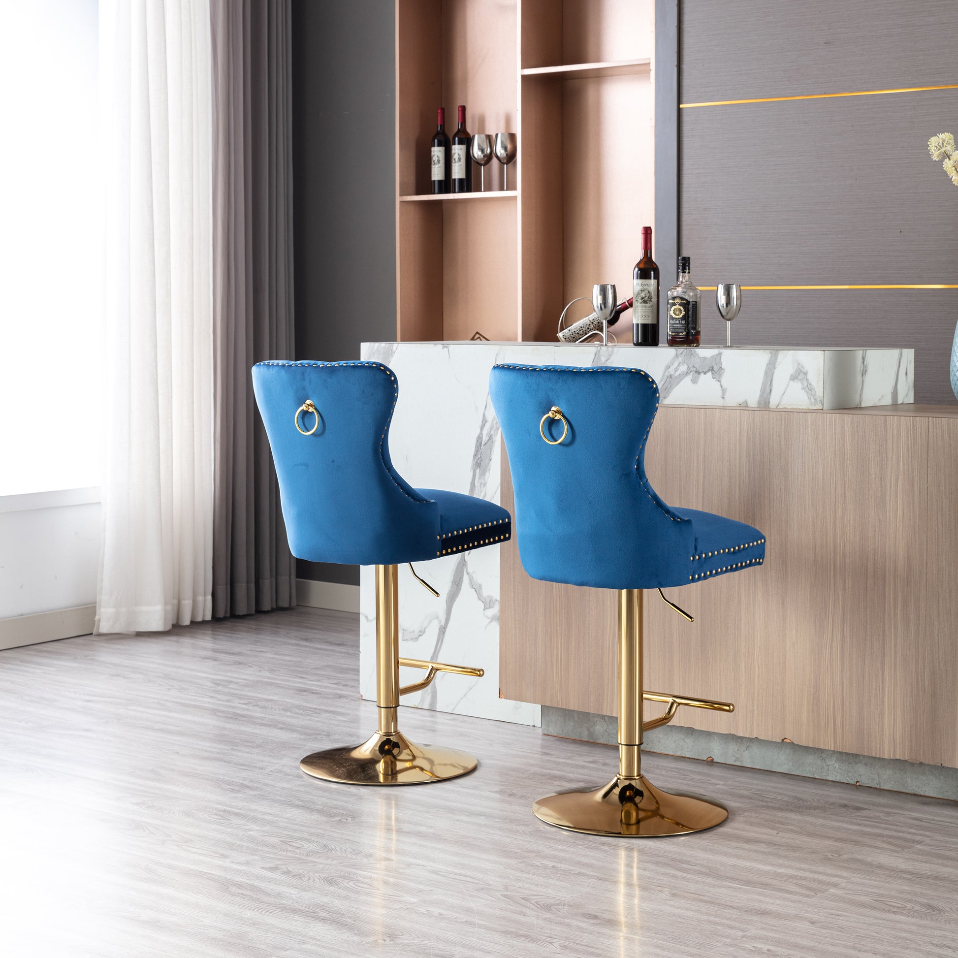 Swivel Bar Stools Chair Set Of 2 Modern Adjustable Counter Height Bar Stools, Velvet Upholstered Stool With Tufted High Back & Ring Pull For Kitchenchrome Golden Base, Blue Navy Blue Foam Iron