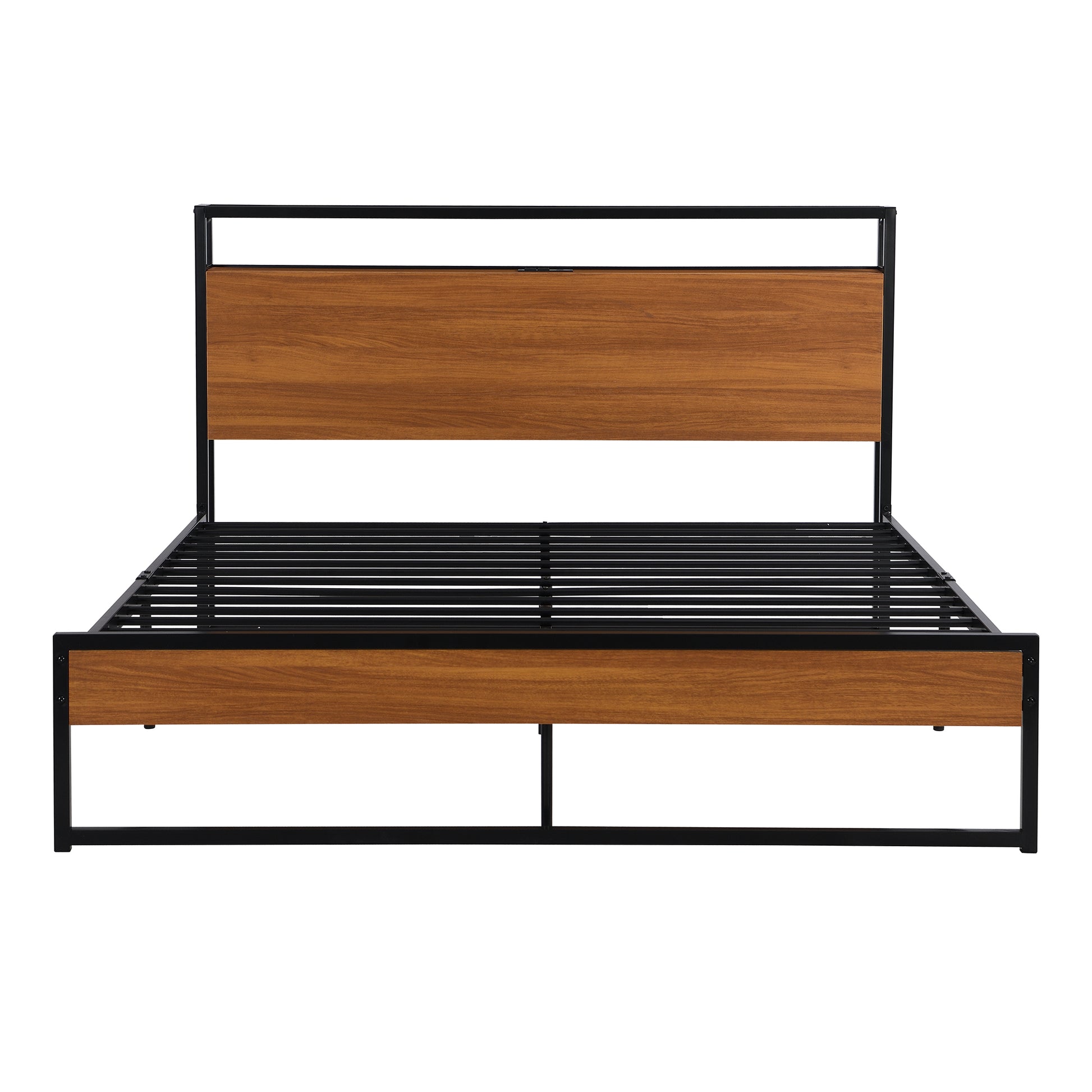 Queen Size Metal Platform Bed Frame With Sockets, Usb Ports And Slat Support ,No Box Spring Needed Black Black Metal