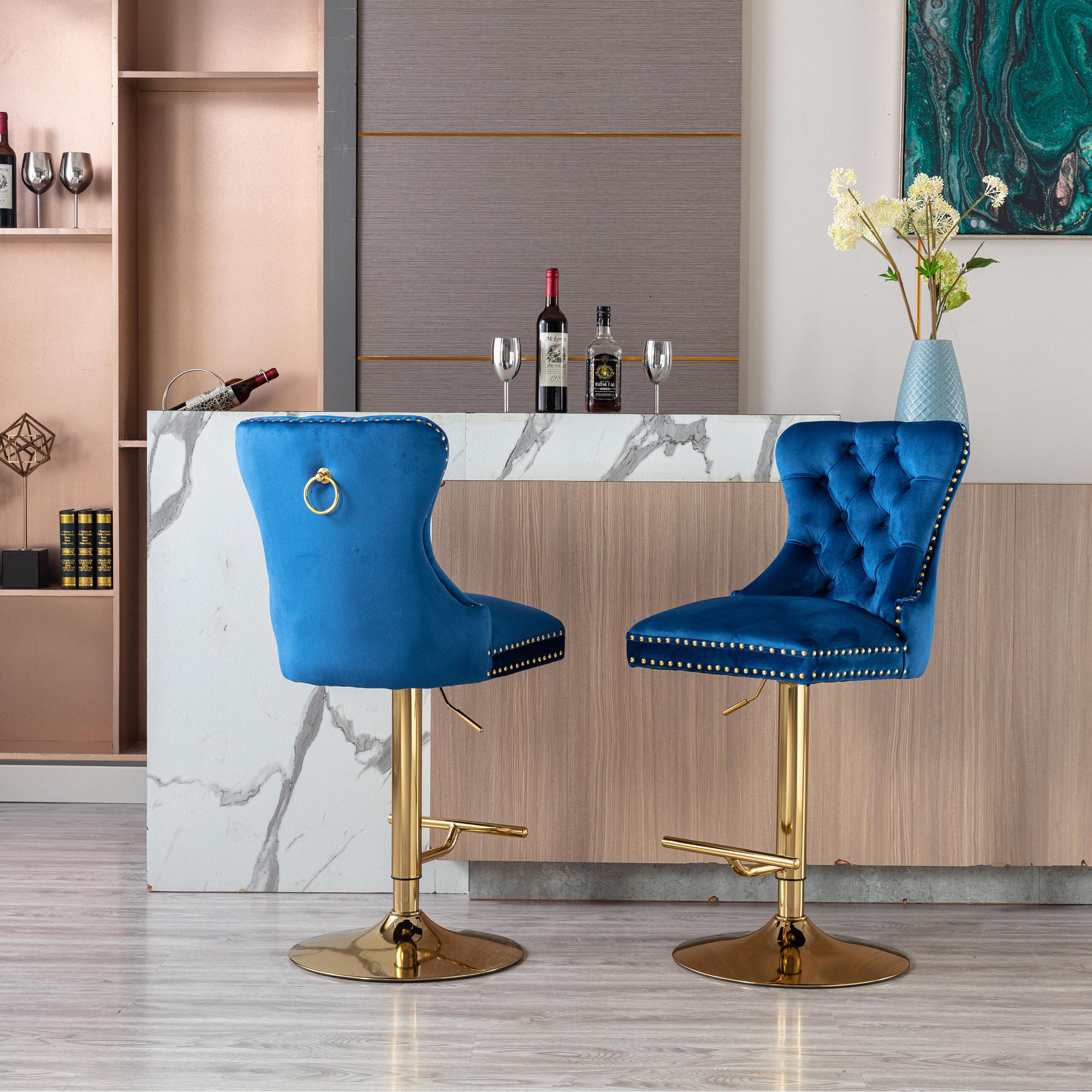 Swivel Bar Stools Chair Set Of 2 Modern Adjustable Counter Height Bar Stools, Velvet Upholstered Stool With Tufted High Back & Ring Pull For Kitchenchrome Golden Base, Blue Navy Blue Foam Iron