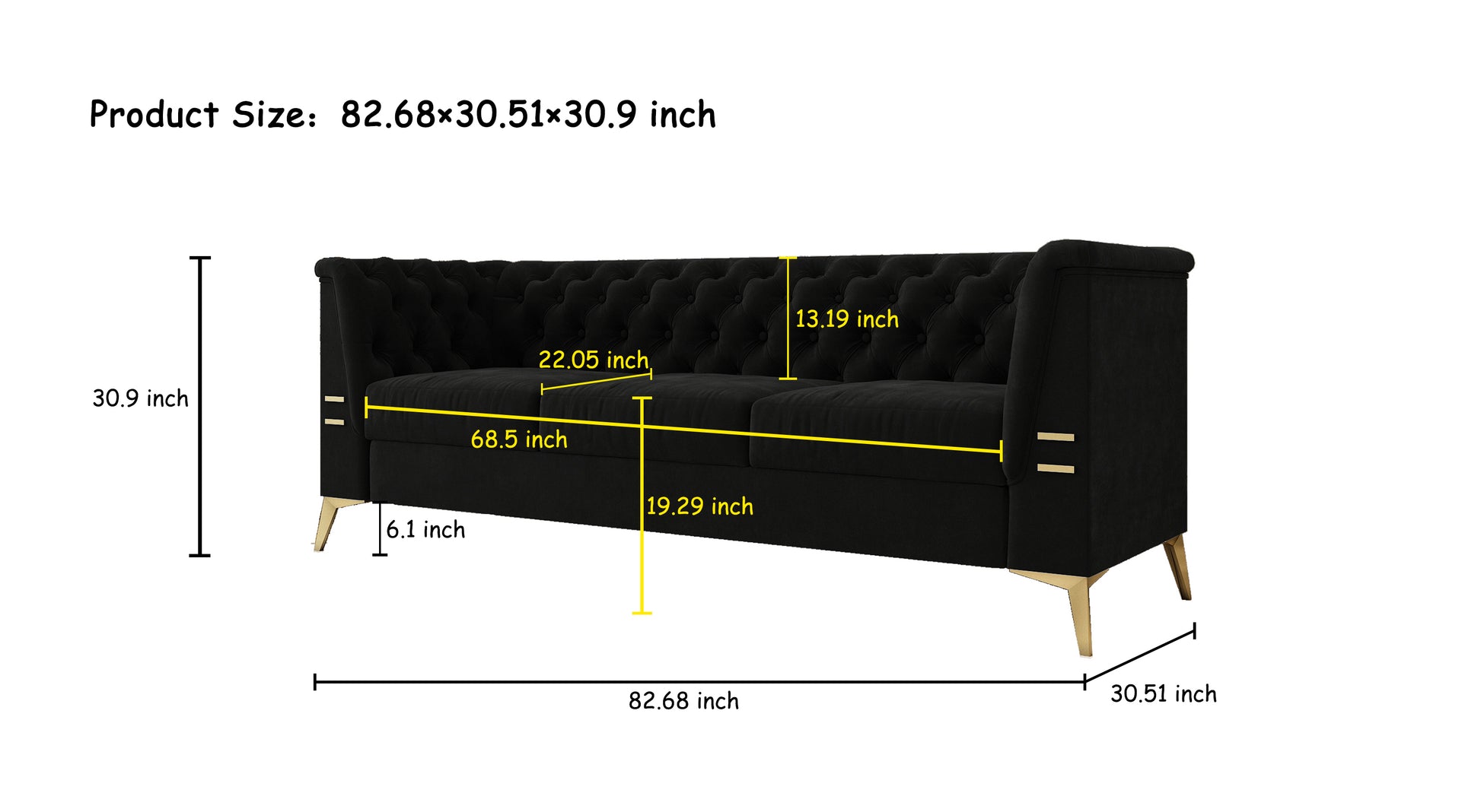 Fx P83 Bk2 Sofa Luxurious Black Velvet Sofa With Gold Legs Modern Chesterfield Design, Tufted Upholstery, 3 Seat Couch For Living Room And Office Black Velvet 3 Seat