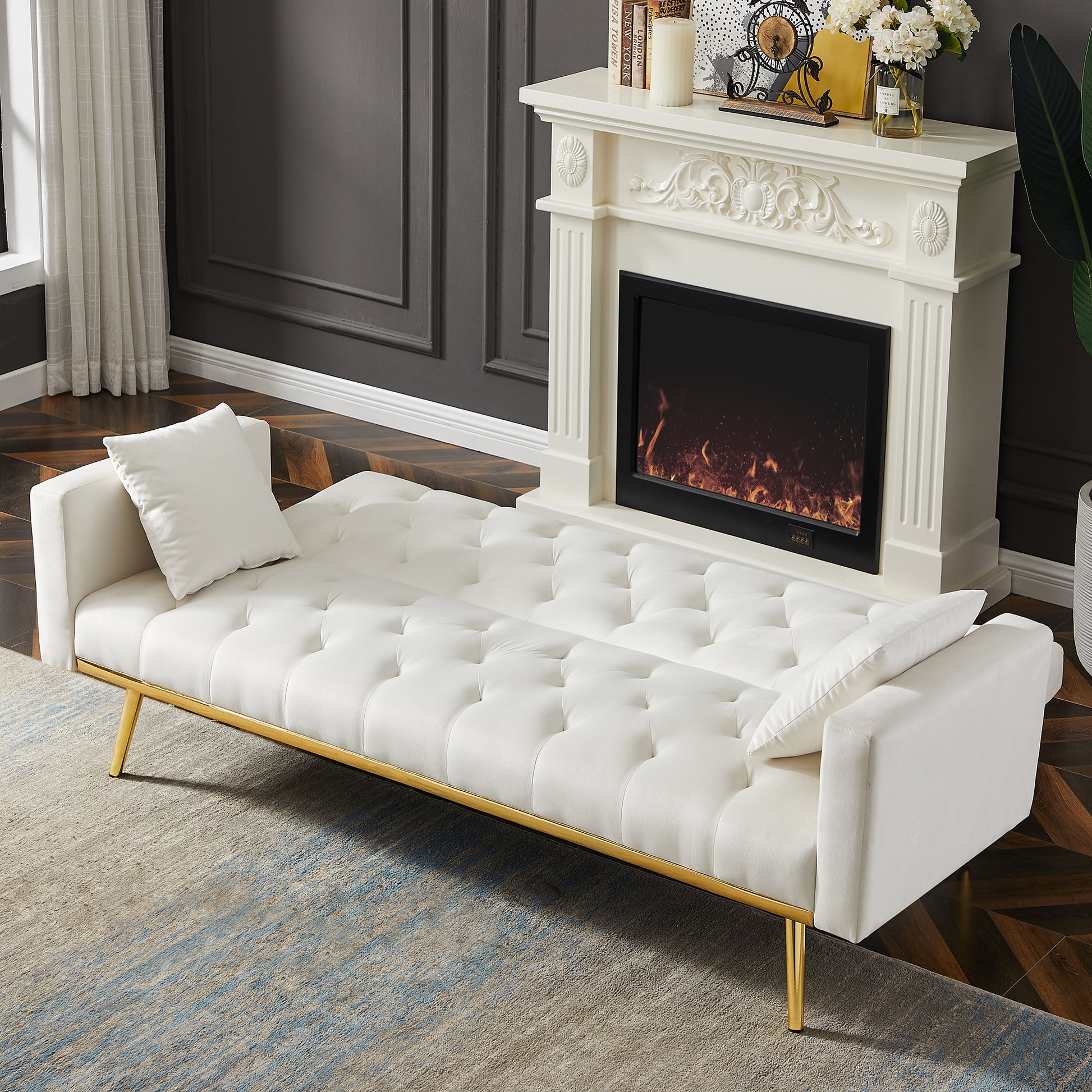 Cream White Convertible Folding Futon Sofa Bedsleeper Sofa Couch For Compact Living Space. Cream White Wood Tufted Back Square Arms Foam Velvet