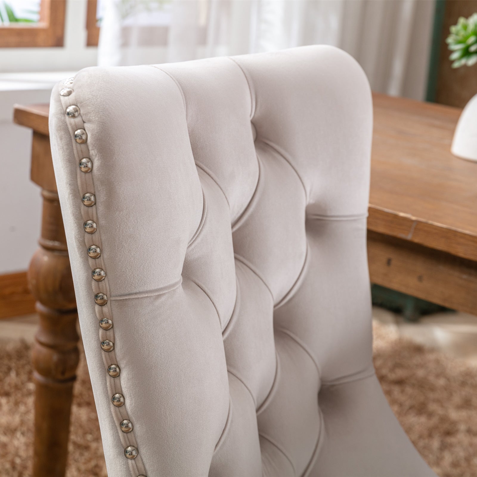 Nikki Collection Modern, High End Tufted Solid Wood Contemporary Velvet Upholstered Dining Chair With Wood Legs Trim 2 Pcs Set,Beige, Sw2001Bg Beige Dining Room American Design Dining Chairs Rubberwood Foam Velvet