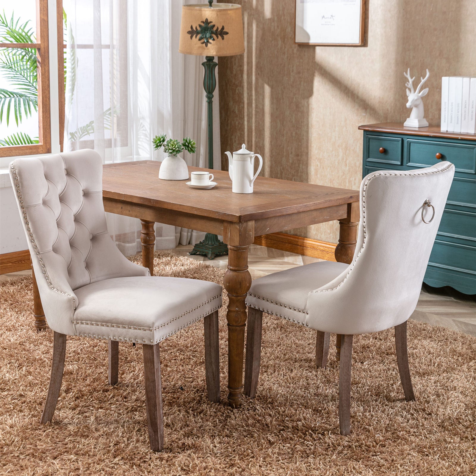 Nikki Collection Modern, High End Tufted Solid Wood Contemporary Velvet Upholstered Dining Chair With Wood Legs Trim 2 Pcs Set,Beige, Sw2001Bg Beige Dining Room American Design Dining Chairs Rubberwood Foam Velvet