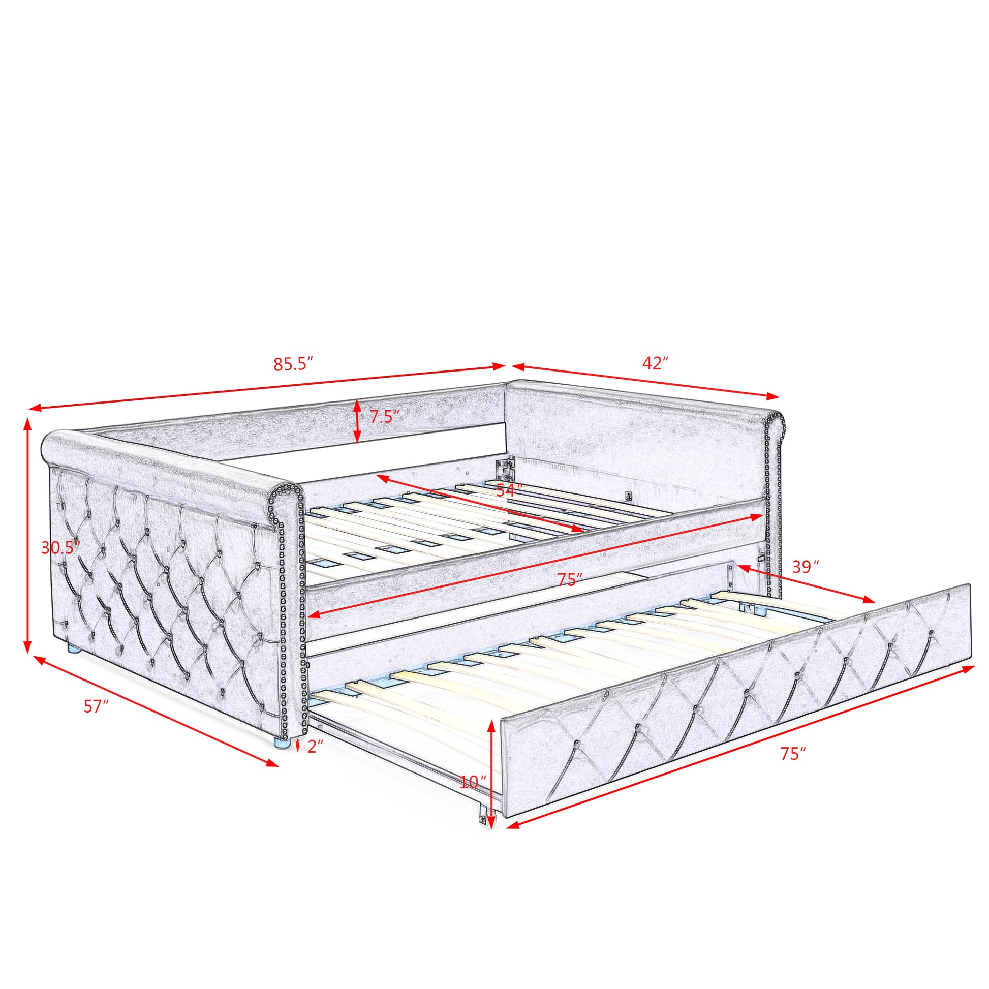 Daybed With Trundle Upholstered Tufted Sofa Bed, With Button And Copper Nail On Arms,Full Daybed & Twin Trundle, Grey 85.5"X57"X30.5" Gray Plywood