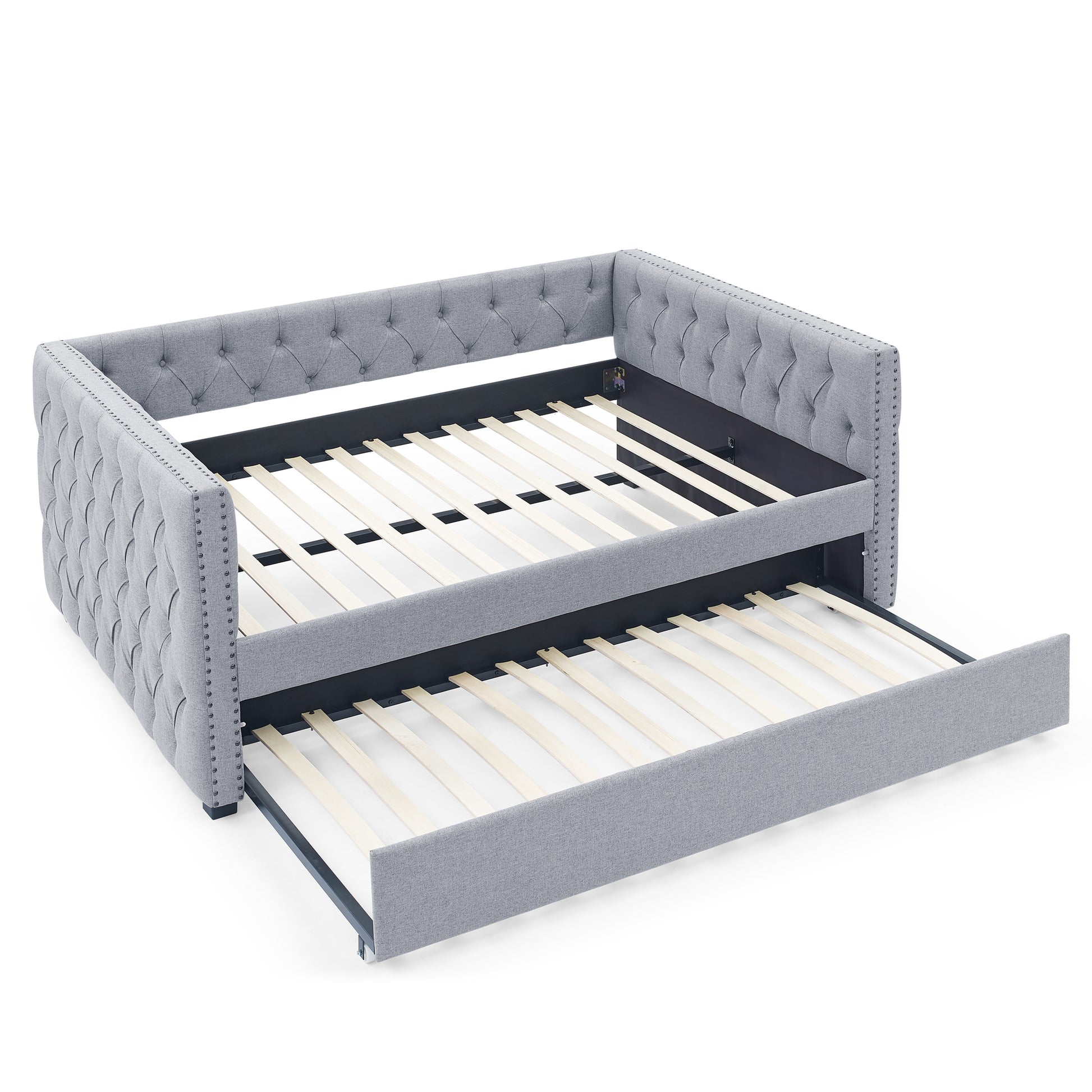 Daybed With Trundle Upholstered Tufted Sofa Bed, With Button And Copper Nail On Square Arms,Full Daybed & Twin Trundle, Grey 85"X57"X31.5" Grey Linen