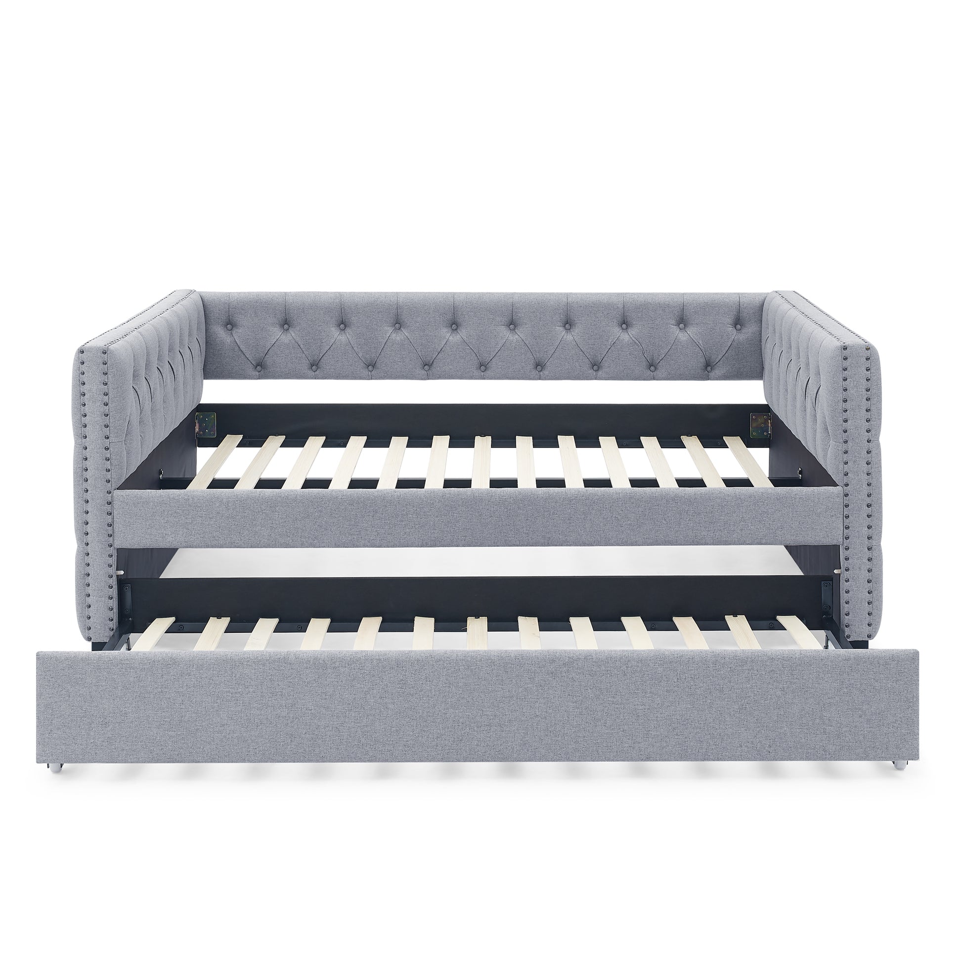 Daybed With Trundle Upholstered Tufted Sofa Bed, With Button And Copper Nail On Square Arms,Full Daybed & Twin Trundle, Grey 85"X57"X31.5" Grey Linen