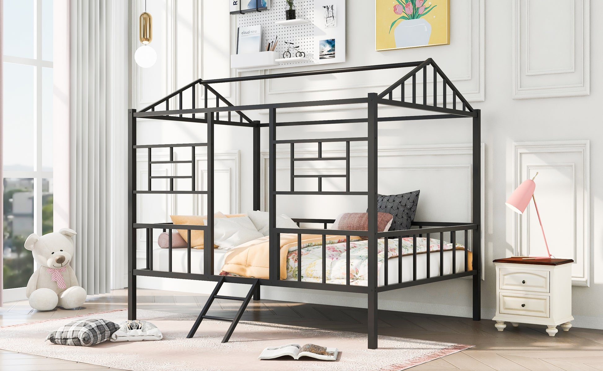 Metal House Bed Frame Full Size With Slatted Support No Box Spring Needed Black Full Black Metal