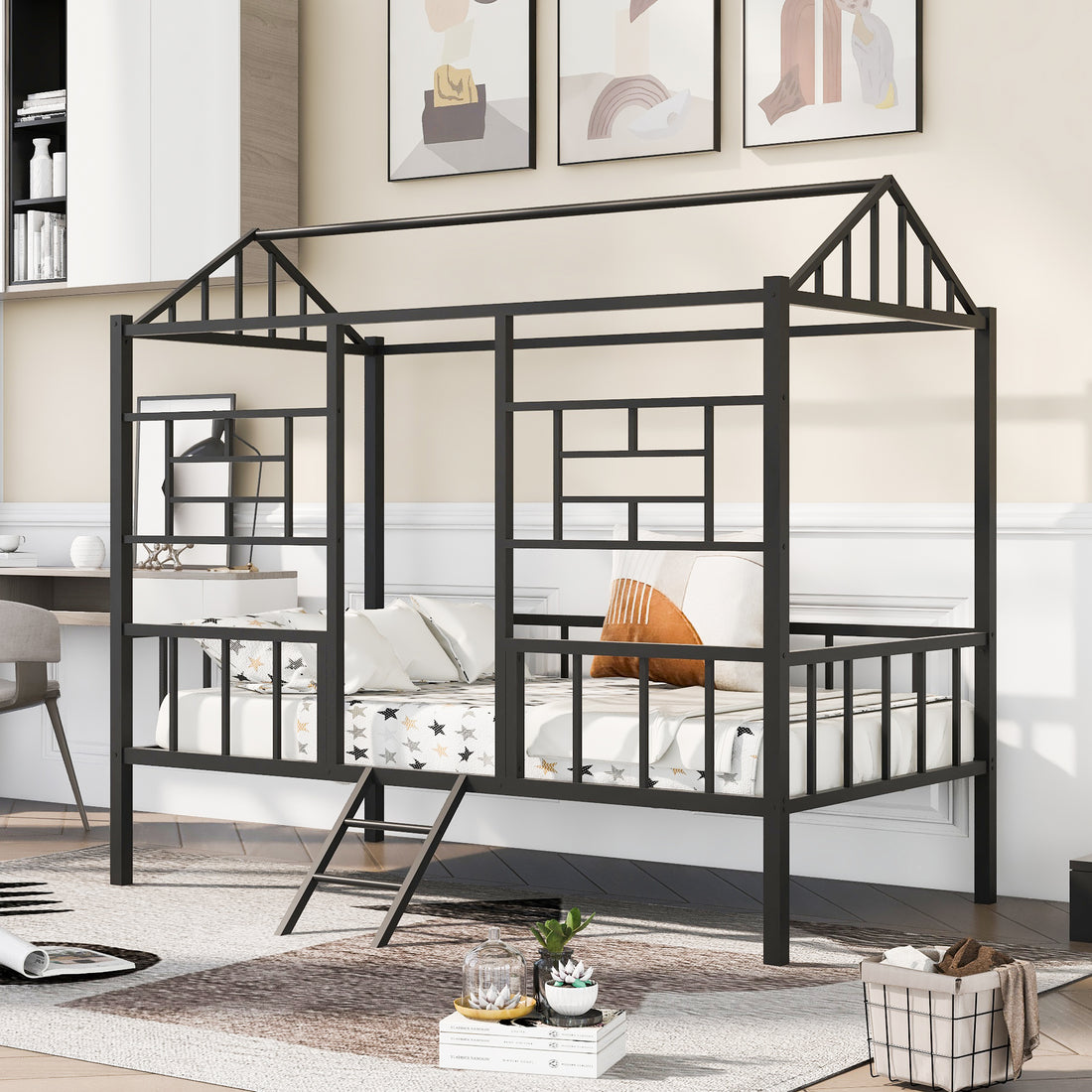 Metal House Bed Frame Twin Size With Slatted Support No Box Spring Needed Black Twin Black Metal