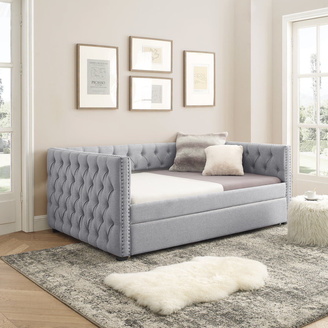 Daybed With Trundle Upholstered Tufted Sofa Bed, With Button And Copper Nail On Square Arms,Full Daybed & Twin Trundle, Grey 85"X57"X31.5" Grey Linen