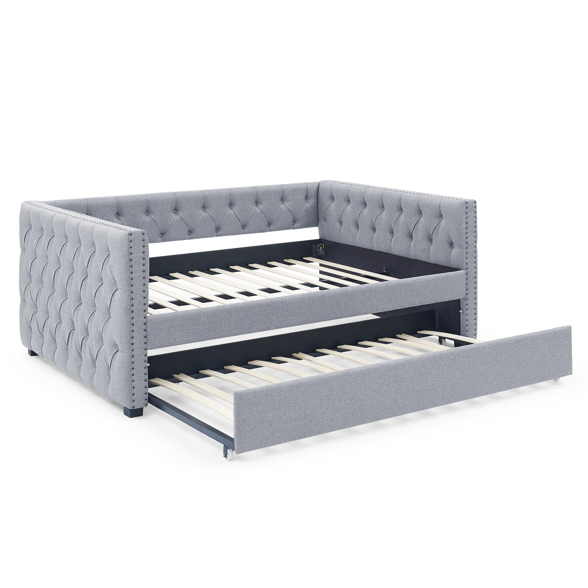 Daybed With Trundle Upholstered Tufted Sofa Bed, With Button And Copper Nail On Square Arms,Full Daybed & Twin Trundle, Grey 85"X57"X31.5" Grey Linen