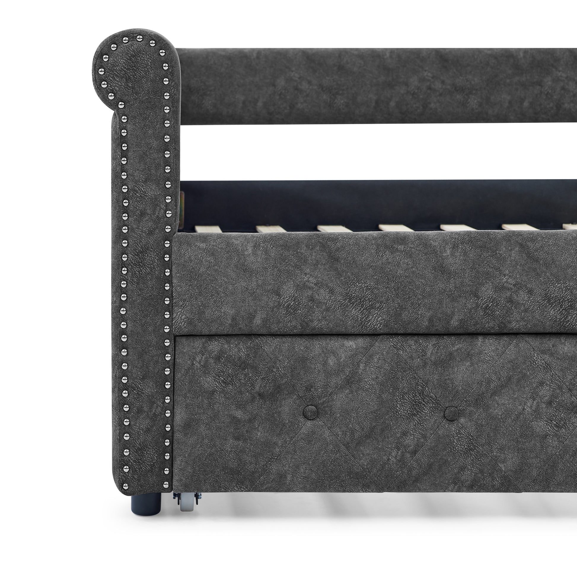 Daybed With Trundle Upholstered Tufted Sofa Bed, With Button And Copper Nail On Arms,Full Daybed & Twin Trundle, Grey 85.5"X57"X30.5" Gray Plywood
