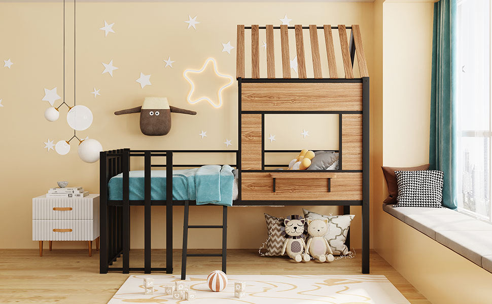 Metal Twin Size Loft Bed With Roof, Window, Guardrail, Ladder Black Black Metal