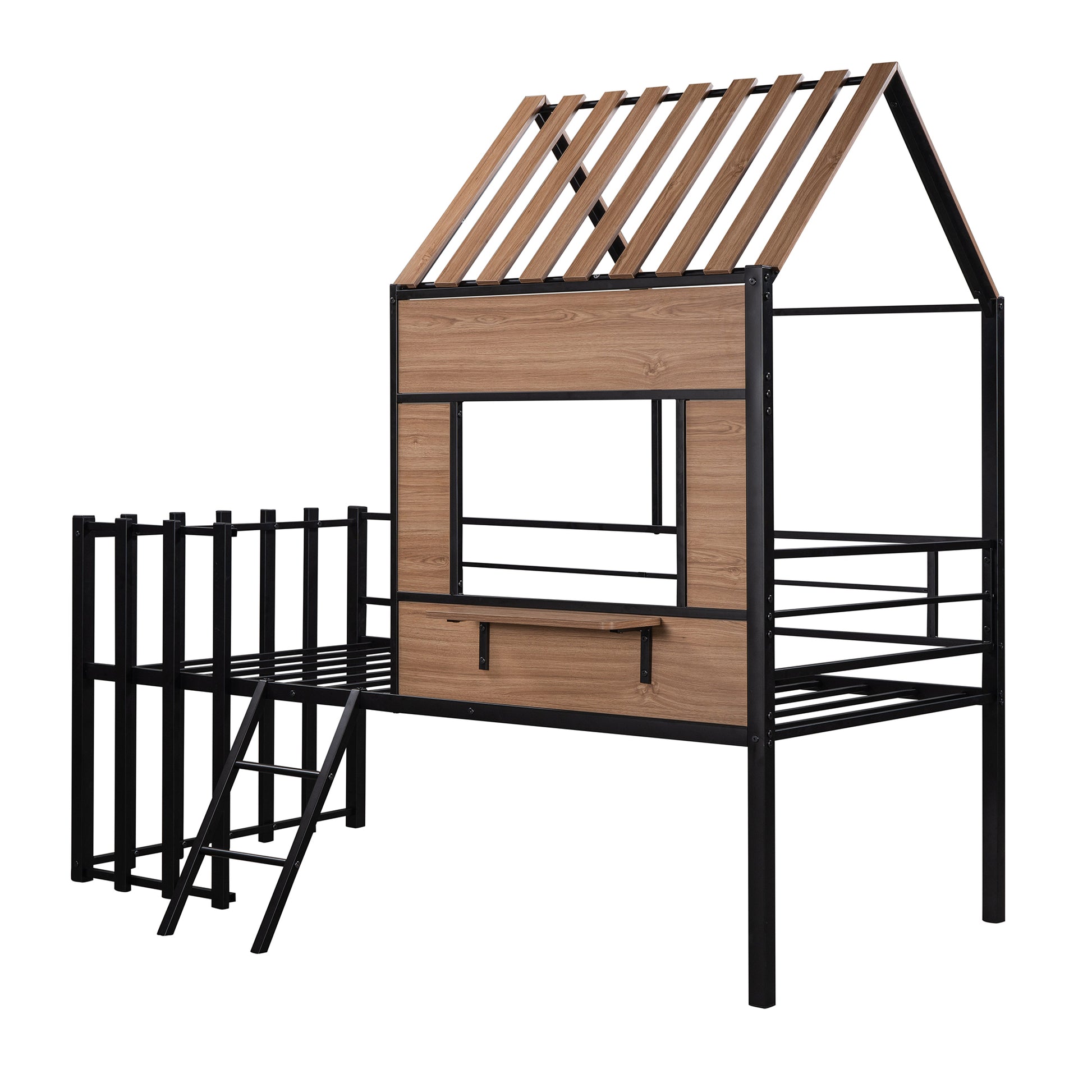 Metal Twin Size Loft Bed With Roof, Window, Guardrail, Ladder Black Black Metal