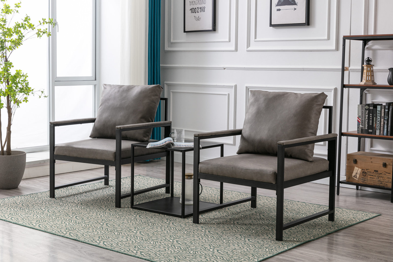 Modern Faux Leather Accent Chair With Black Powder Coated Metal Frame, Single Sofa For Living Room Bedroom, Gray Gray Foam Pu