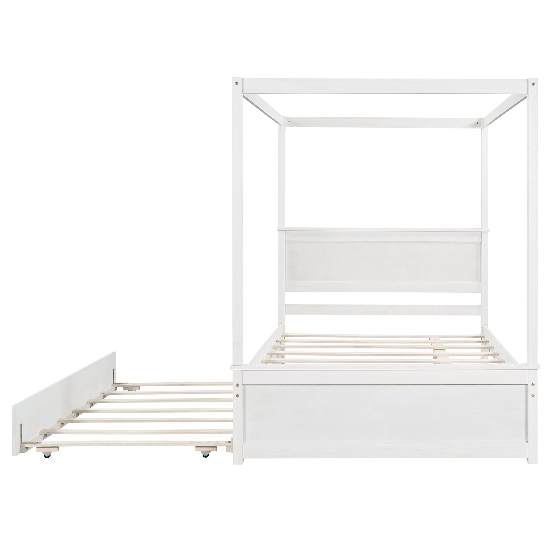 Wood Canopy Bed With Trundle Bed ,Full Size Canopy Platform Bed With Support Slats .No Box Spring Needed, Brushed White White Solid Wood