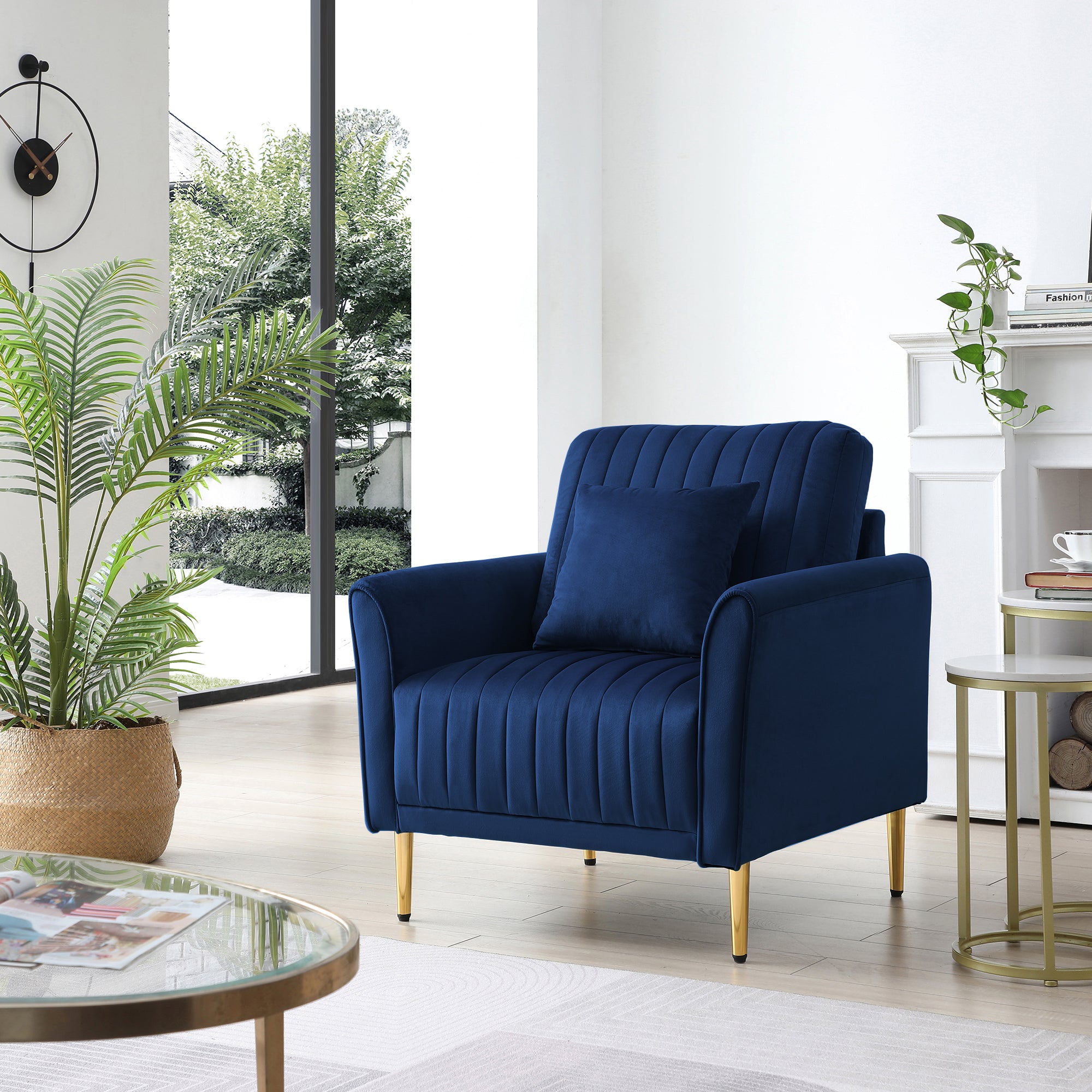 Velvet Accent Chair Round Arm Chair With Gold Legs, Upholstered Single Sofa For Living Room Bedroom, Navy Blue With 1 Throw Pillow Blue Foam Velvet