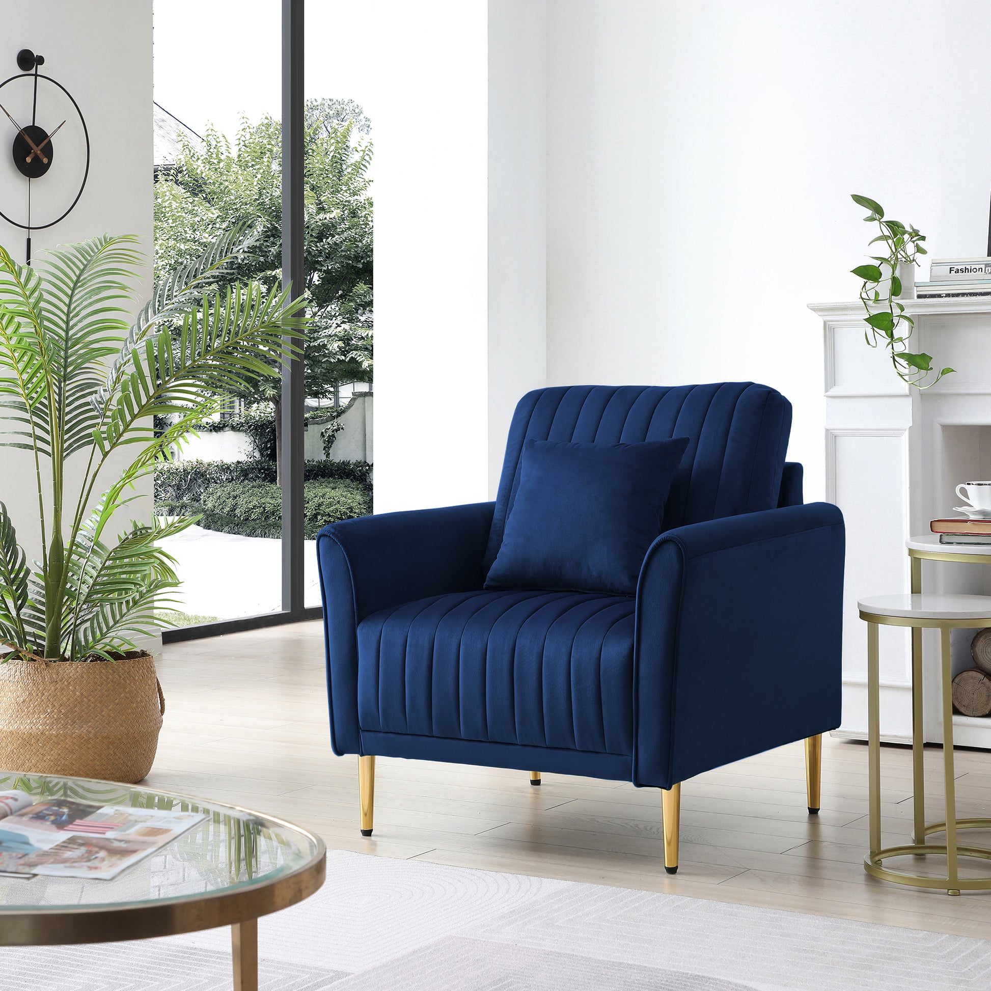 Velvet Accent Chair Round Arm Chair With Gold Legs, Upholstered Single Sofa For Living Room Bedroom, Navy Blue With 1 Throw Pillow Blue Foam Velvet