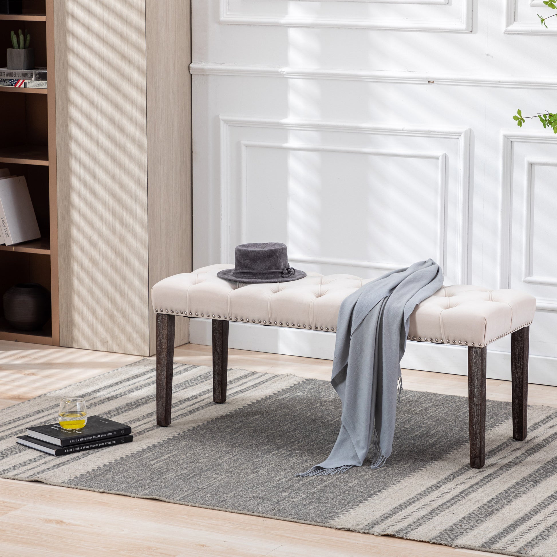 Heng Ming Upholstered Tufted Bench Ottomanvelvet Dining Bench Bedroom Bench Footrest Stool Accent Bench For Entryway Dining Room Living Room, Beige Beige Velvet