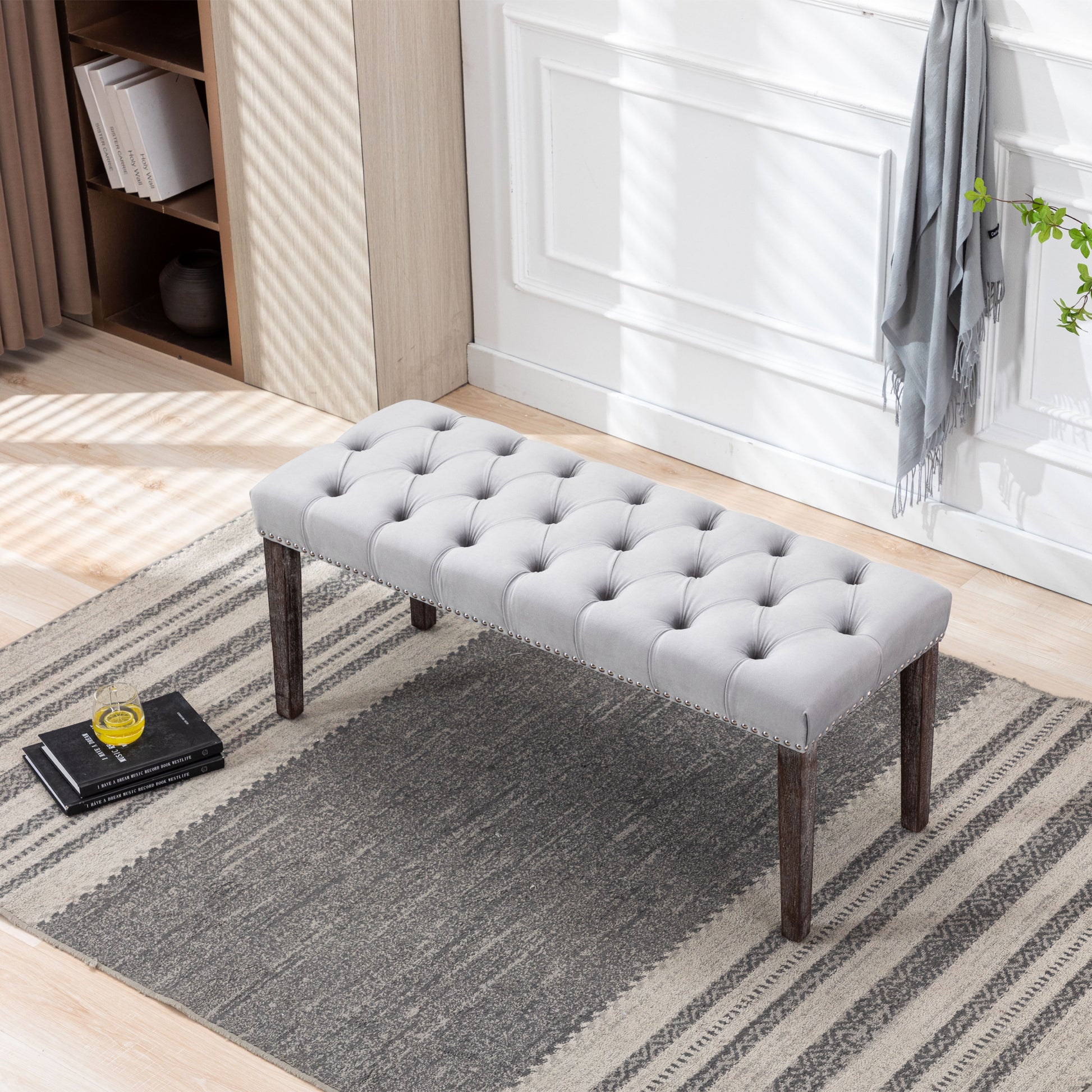 Heng Ming Upholstered Tufted Bench Ottomanvelvet Dining Bench Bedroom Bench Footrest Stool Accent Bench For Entryway Dining Room Living Room, Light Gray Light Grey Velvet