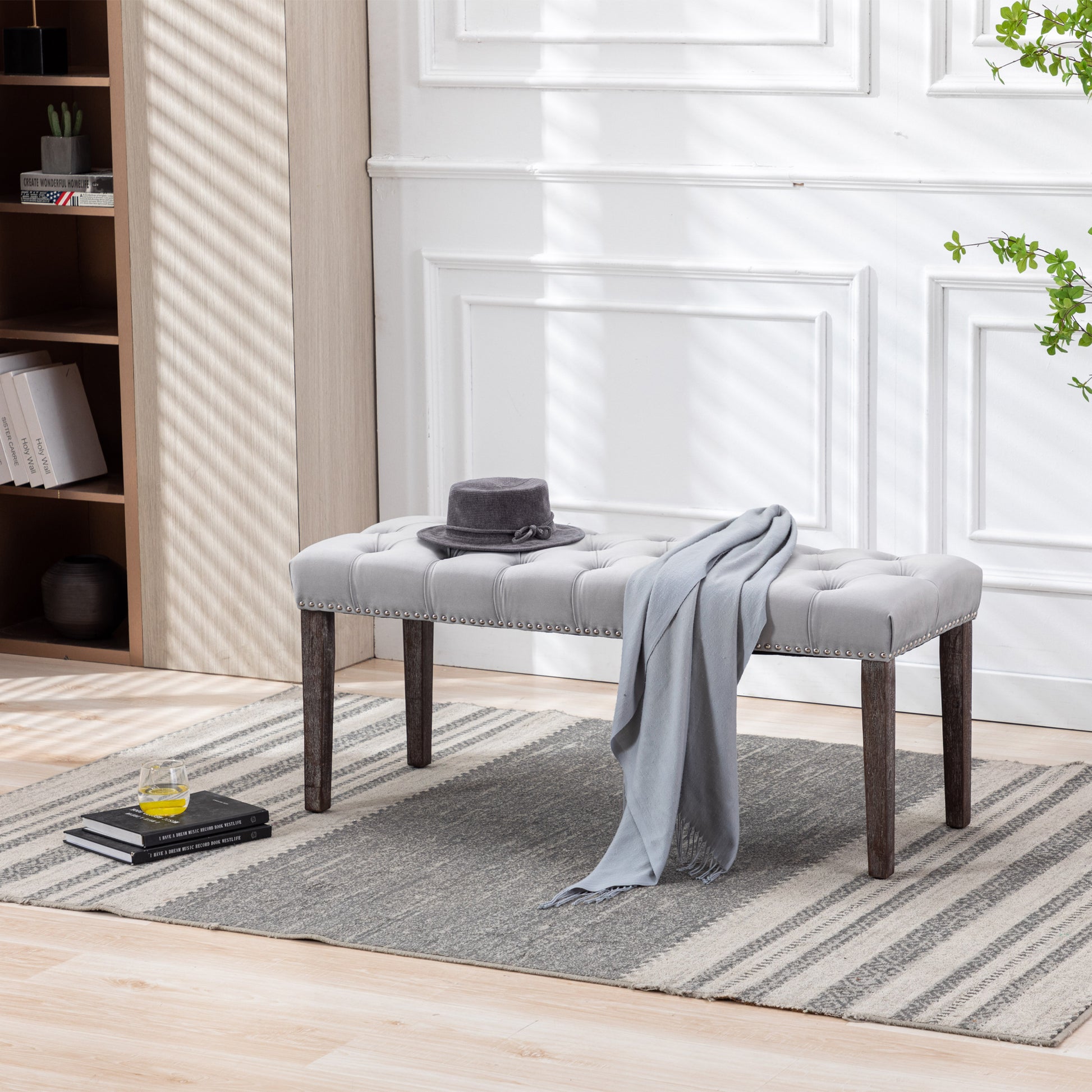 Heng Ming Upholstered Tufted Bench Ottomanvelvet Dining Bench Bedroom Bench Footrest Stool Accent Bench For Entryway Dining Room Living Room, Light Gray Light Grey Velvet
