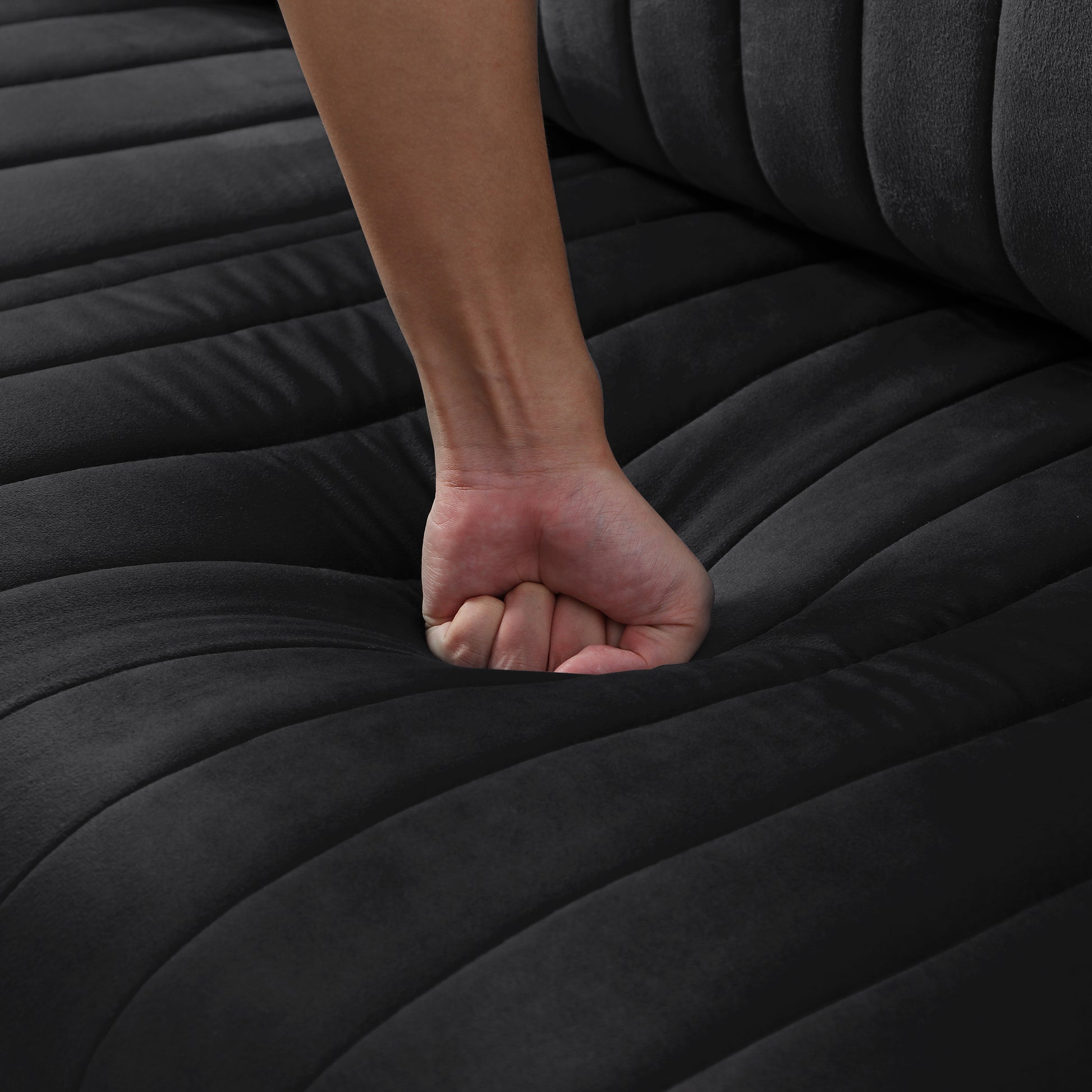 Living Room Ottoman Black Velvet Channel Tufted To Combine With Sectional Sofa Black Foam Velvet