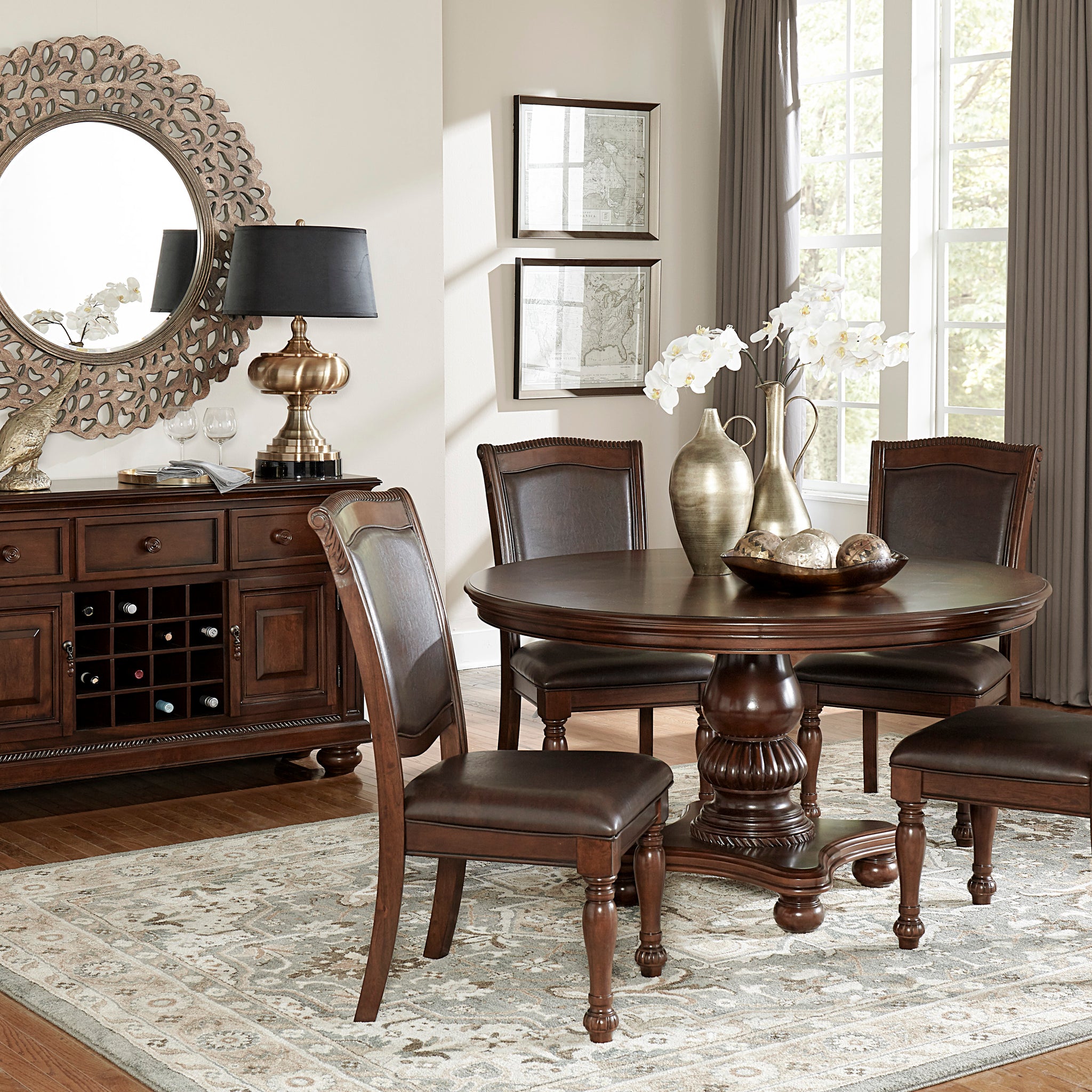 Elegant Design 5Pc Dining Set Brown Cherry Finish Pedestal Base Table And 4X Side Chairs Faux Leather Upholstered Traditional Dining Room Furniture Wood Wood Brown Mix Seats 4 Wood Dining Room 54 Inches Traditional Pedestal Round Dining Table With Chair