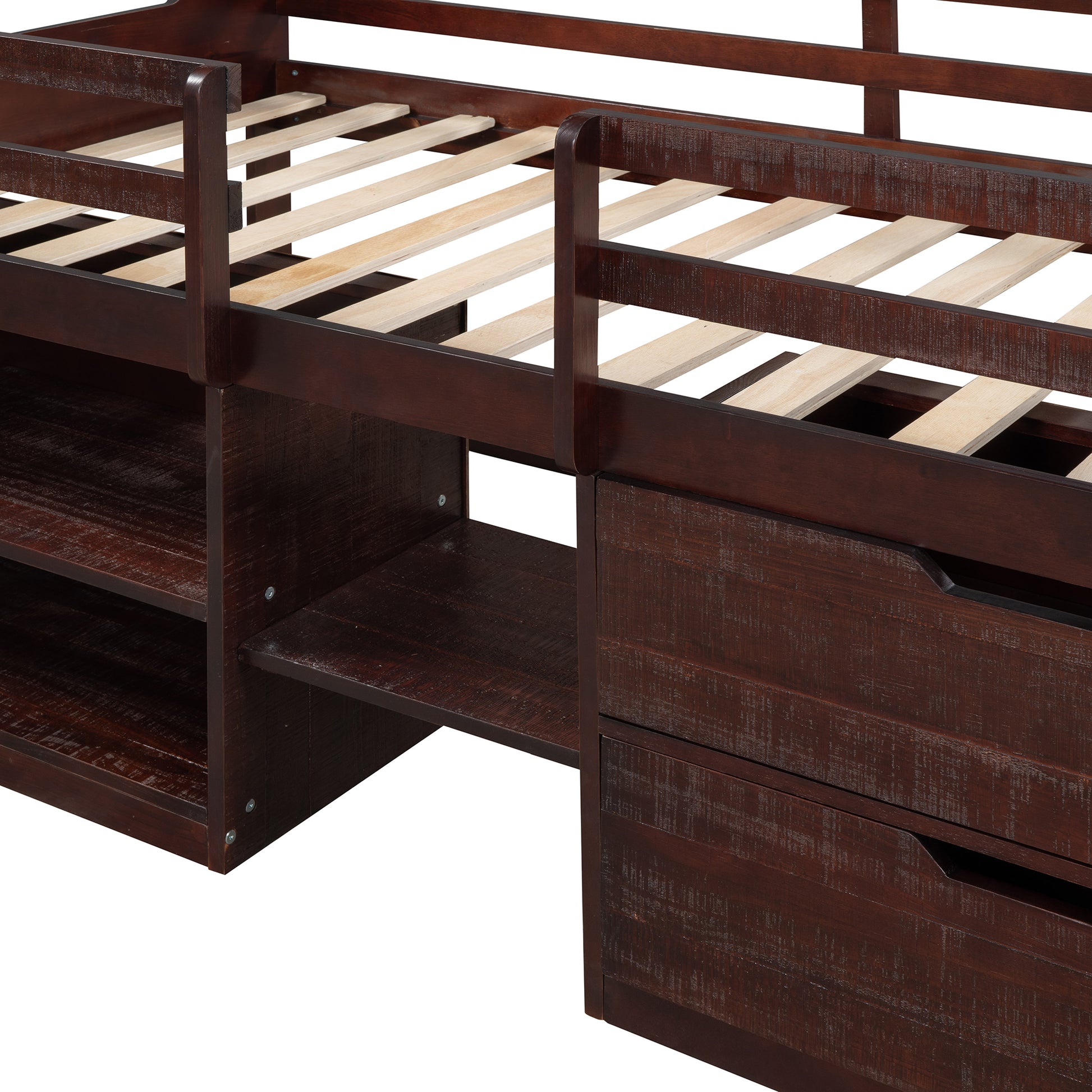 Twin Size Loft Bed With Two Shelves And Two Drawers Antique Espresso Antique Espresso Solid Wood