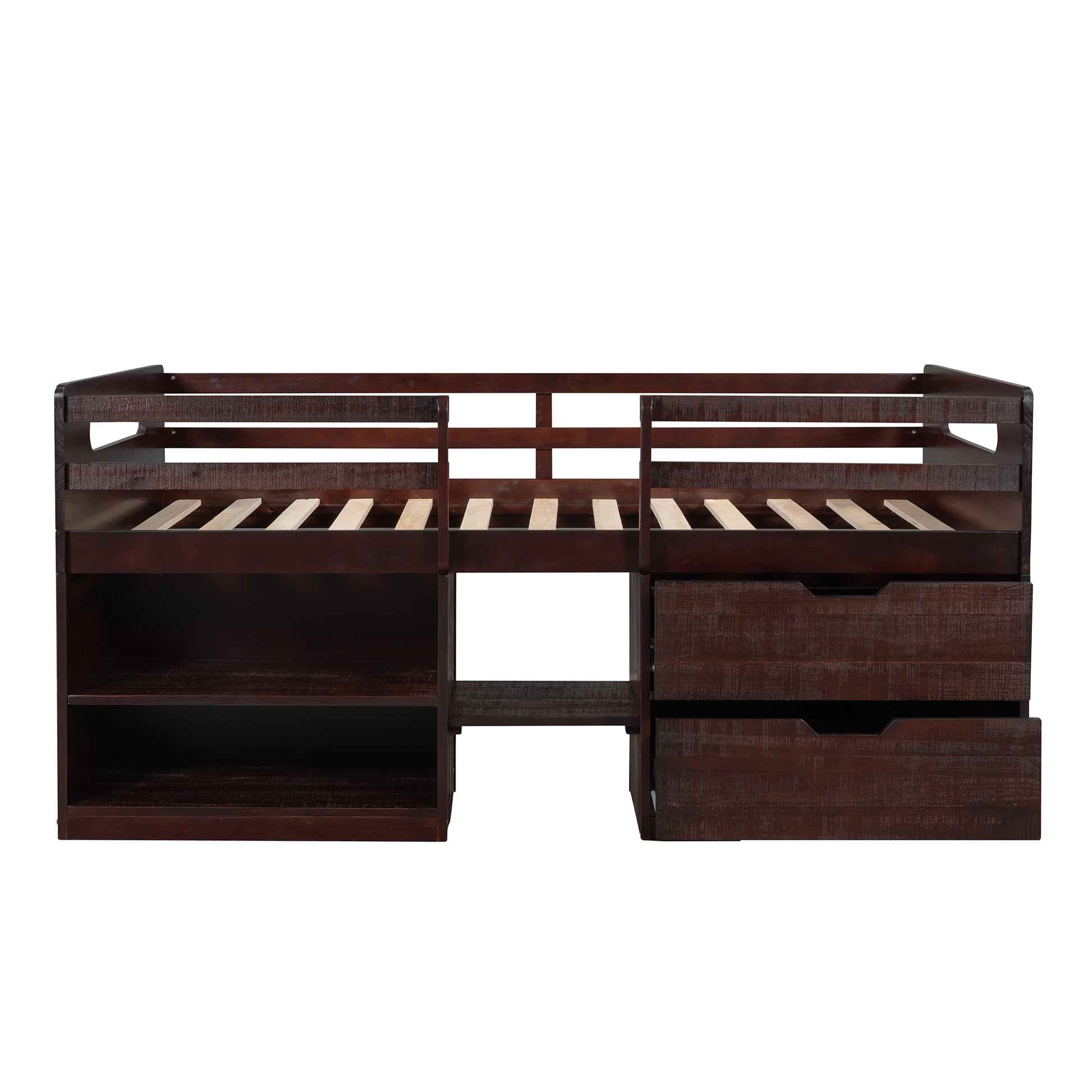 Twin Size Loft Bed With Two Shelves And Two Drawers Antique Espresso Antique Espresso Solid Wood