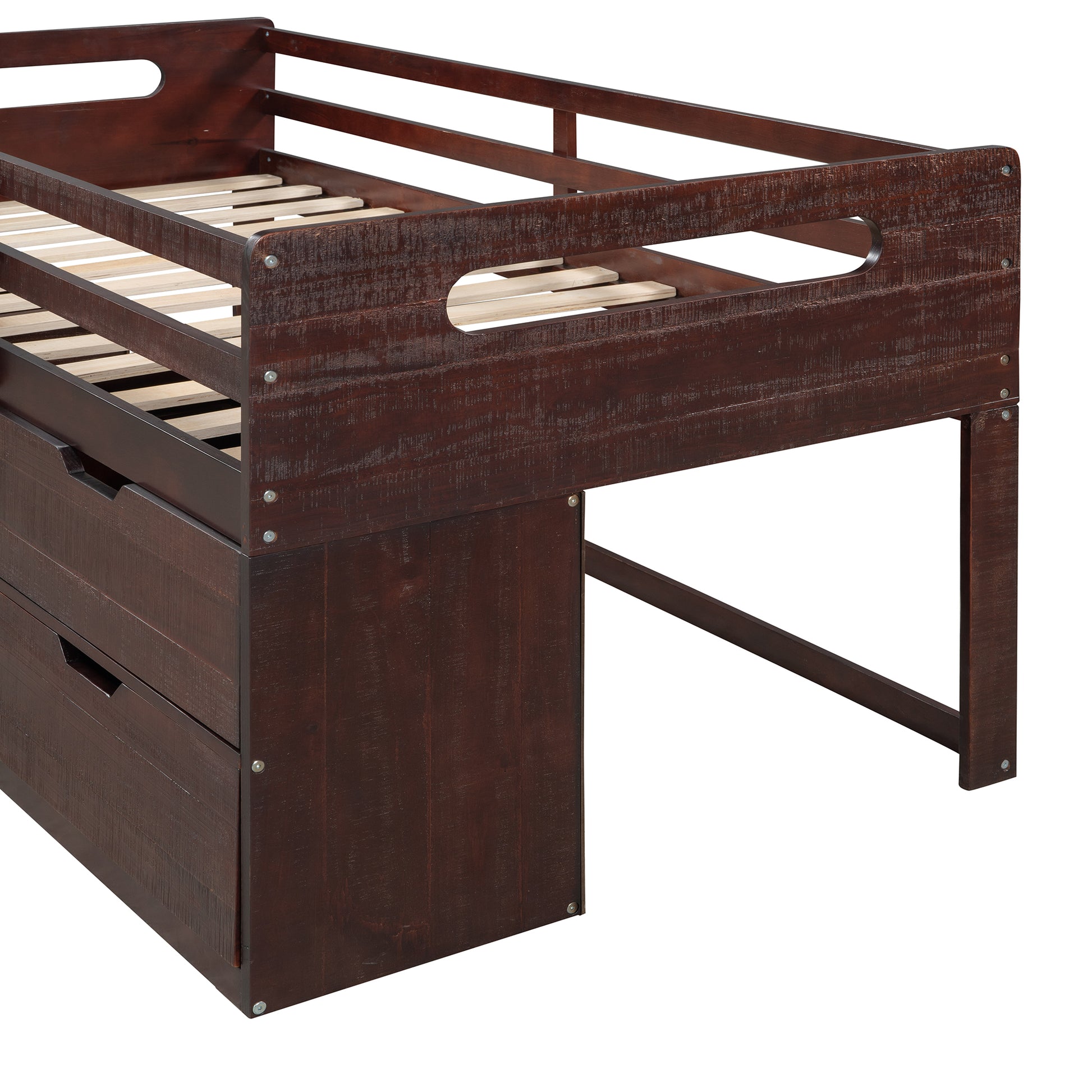 Twin Size Loft Bed With Two Shelves And Two Drawers Antique Espresso Antique Espresso Solid Wood