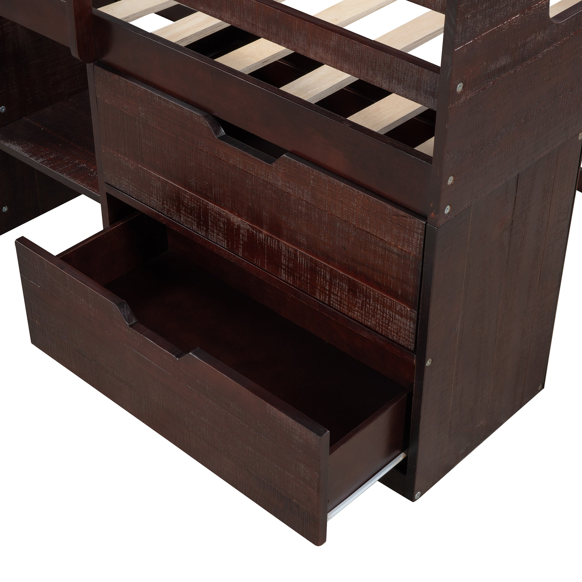 Twin Size Loft Bed With Two Shelves And Two Drawers Antique Espresso Antique Espresso Solid Wood