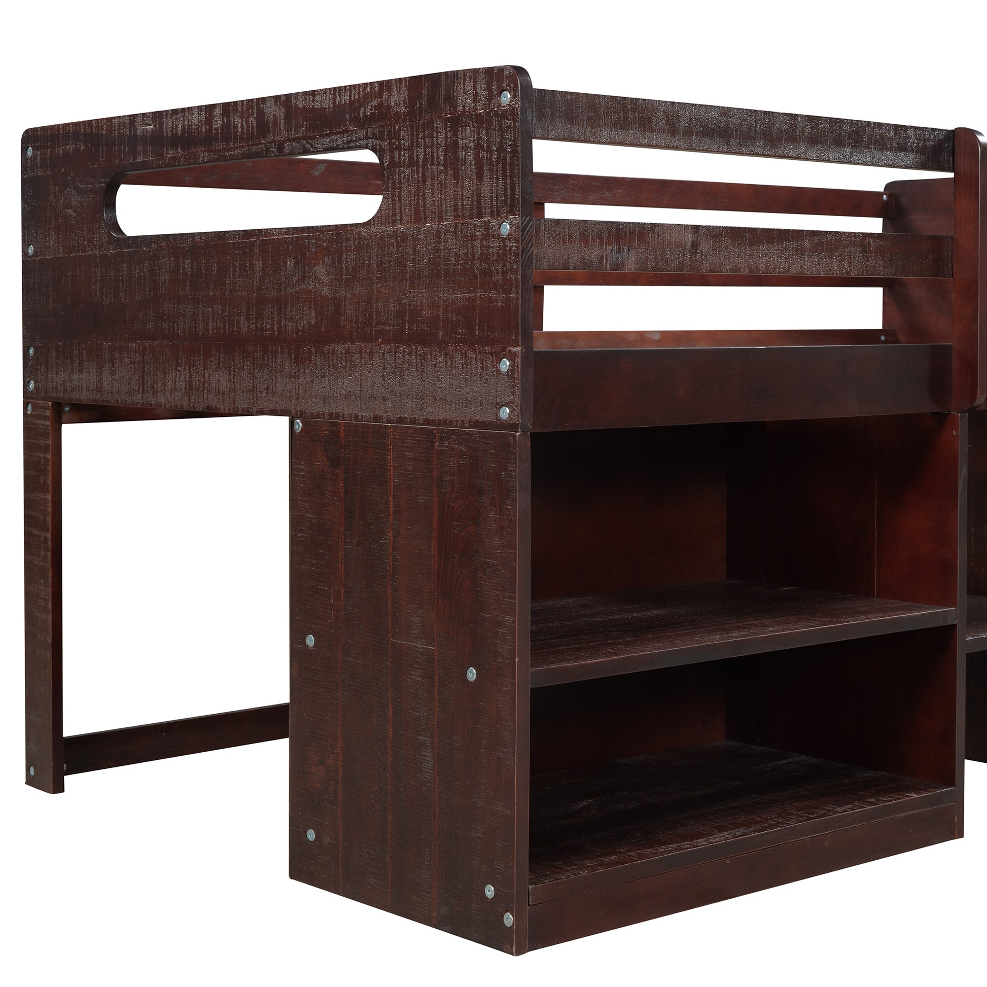 Twin Size Loft Bed With Two Shelves And Two Drawers Antique Espresso Antique Espresso Solid Wood