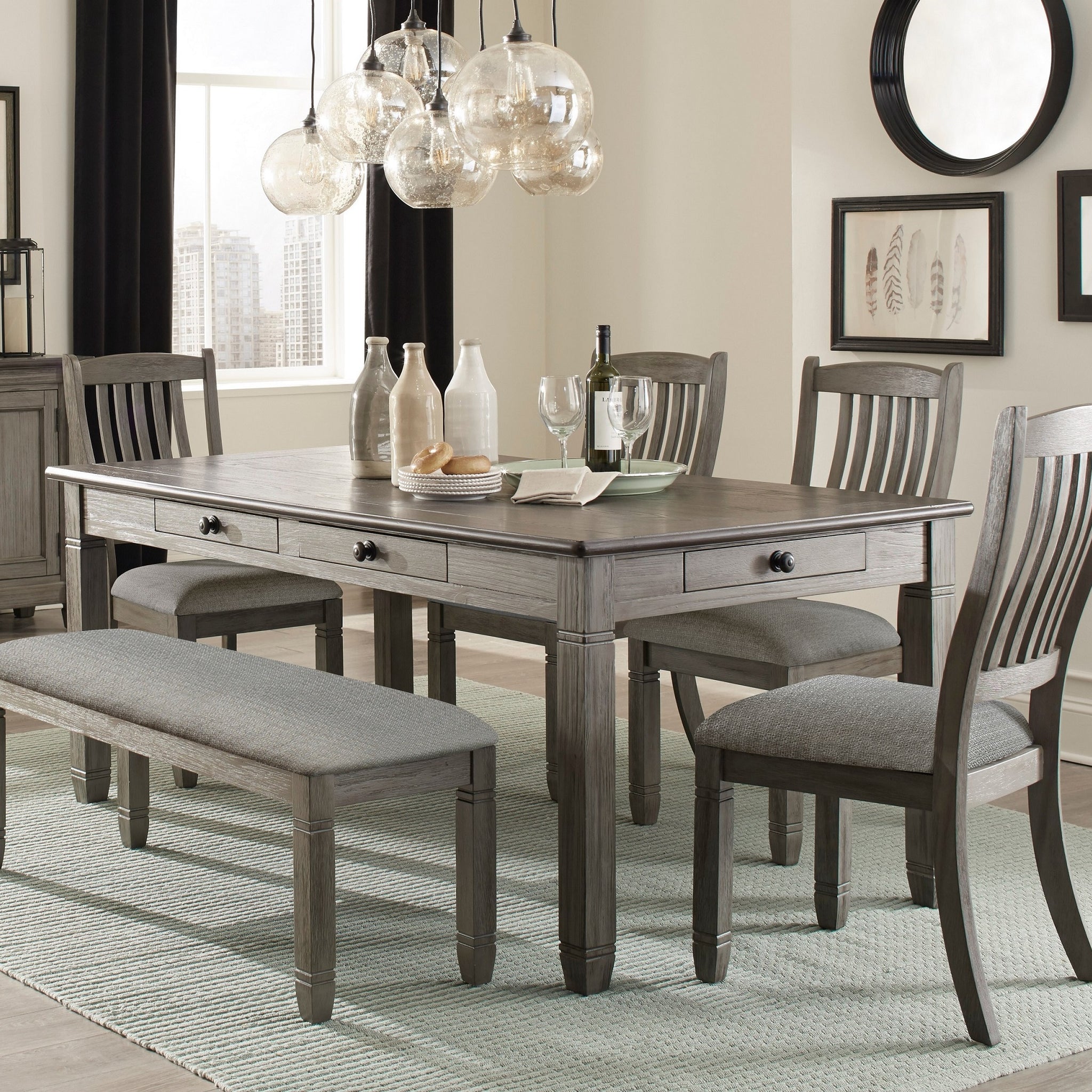 Antique Gray And Coffee Finish 6Pc Dining Set Table W 6X Drawers Upholstered Bench 4X Side Chairs Casual Country Style Dining Room Furniture Wood Wood Antique Gray Seats 6 Wood Dining Room 72 Inches Rectangular Dining Table With Chair And Bench Solid