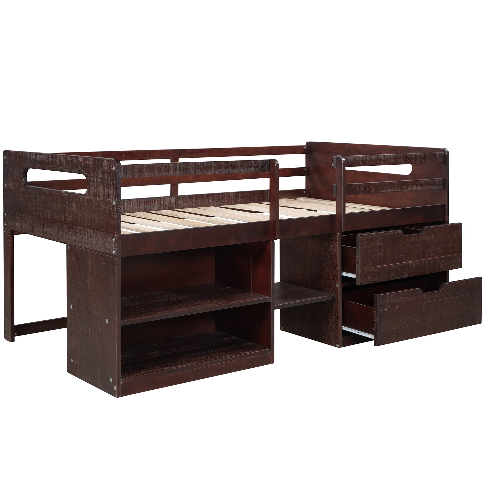 Twin Size Loft Bed With Two Shelves And Two Drawers Antique Espresso Antique Espresso Solid Wood