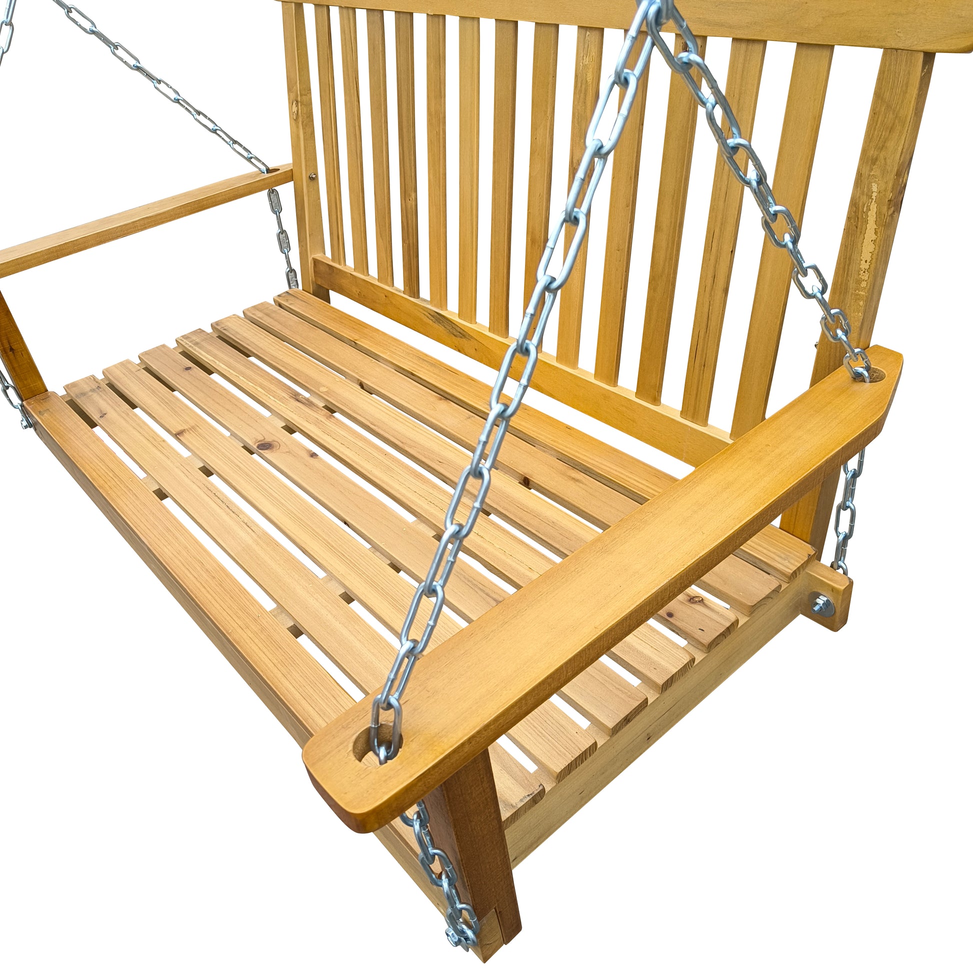 Front Porch Swing With Armrests, Wood Bench Swing With Hanging Chains,For Outdoor Patio ,Garden Yard, Porch, Backyard, Or Sunroom,Easy To Assemble,Teak Teak Solid Wood