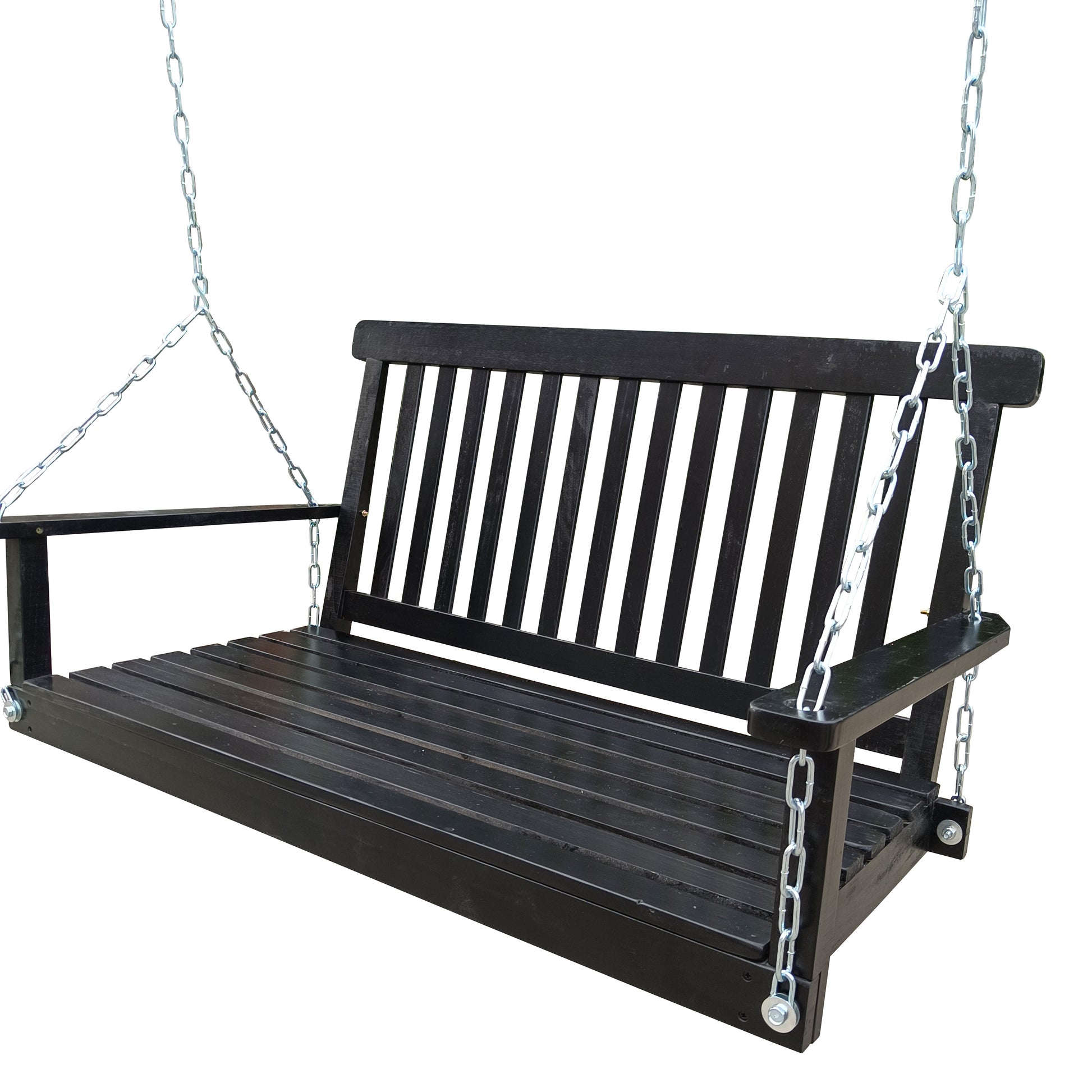 Front Porch Swing With Armrests, Wood Bench Swing With Hanging Chains,For Outdoor Patio ,Garden Yard, Porch, Backyard, Or Sunroom,Easy To Assemble,Black Black Solid Wood
