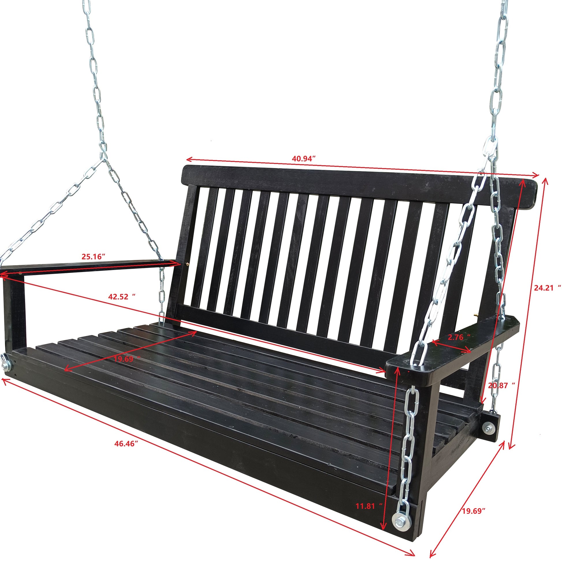 Front Porch Swing With Armrests, Wood Bench Swing With Hanging Chains,For Outdoor Patio ,Garden Yard, Porch, Backyard, Or Sunroom,Easy To Assemble,Black Black Solid Wood