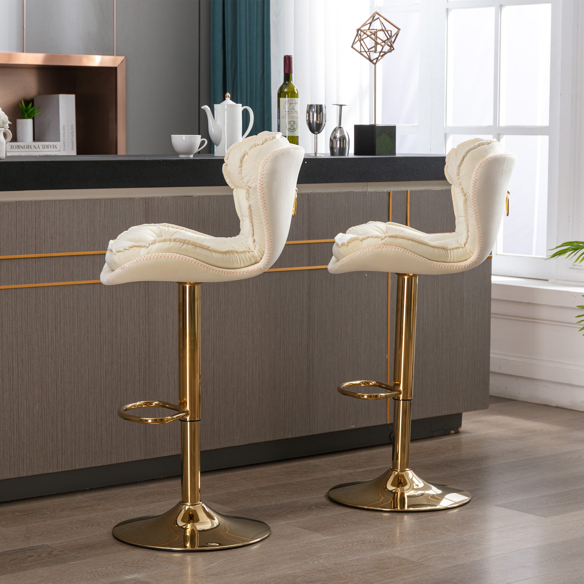 Set Of 2 Bar Stools,With Chrome Footrest And Base Swivel Height Adjustable Mechanical Lifting Velvet Golden Leg Simple Bar Stool Cream Cream Foam Fabric