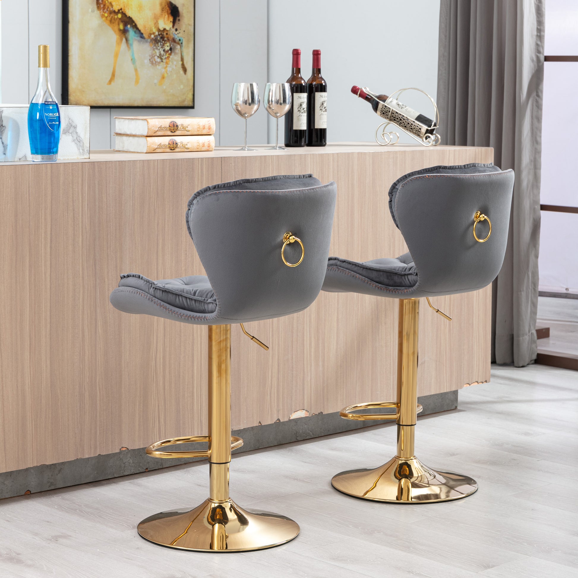 Set Of 2 Bar Stools,With Chrome Footrest And Base Swivel Height Adjustable Mechanical Lifting Velvet Golden Leg Simple Bar Stool Gray Grey Foam Fabric