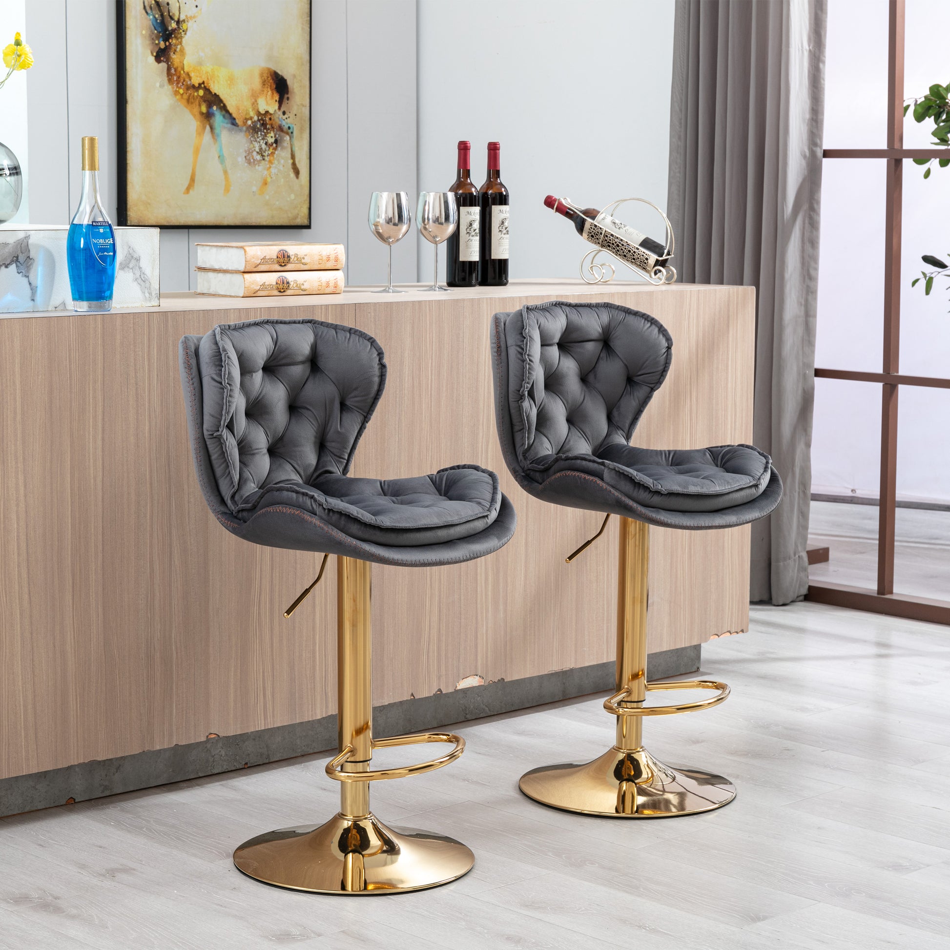 Set Of 2 Bar Stools,With Chrome Footrest And Base Swivel Height Adjustable Mechanical Lifting Velvet Golden Leg Simple Bar Stool Gray Grey Foam Fabric
