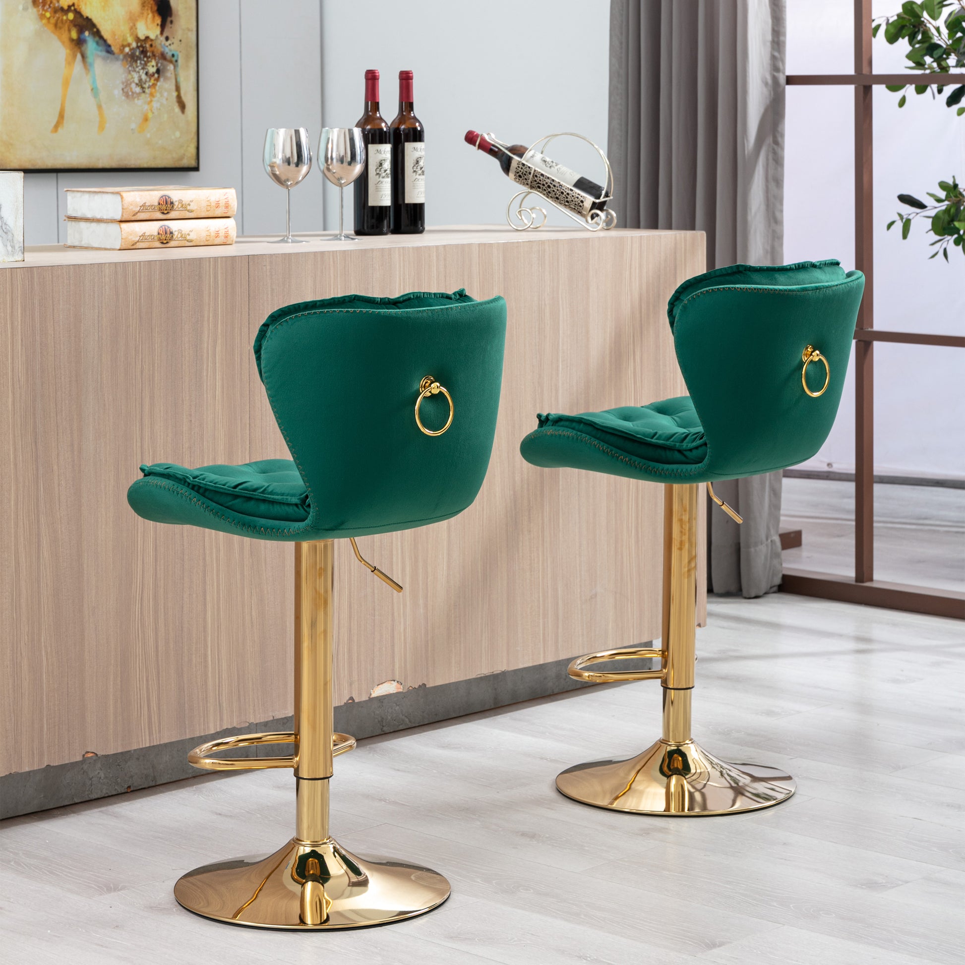 Set Of 2 Bar Stools,With Chrome Footrest And Base Swivel Height Adjustable Mechanical Lifting Velvet Golden Leg Simple Bar Stool Green Green Foam Fabric